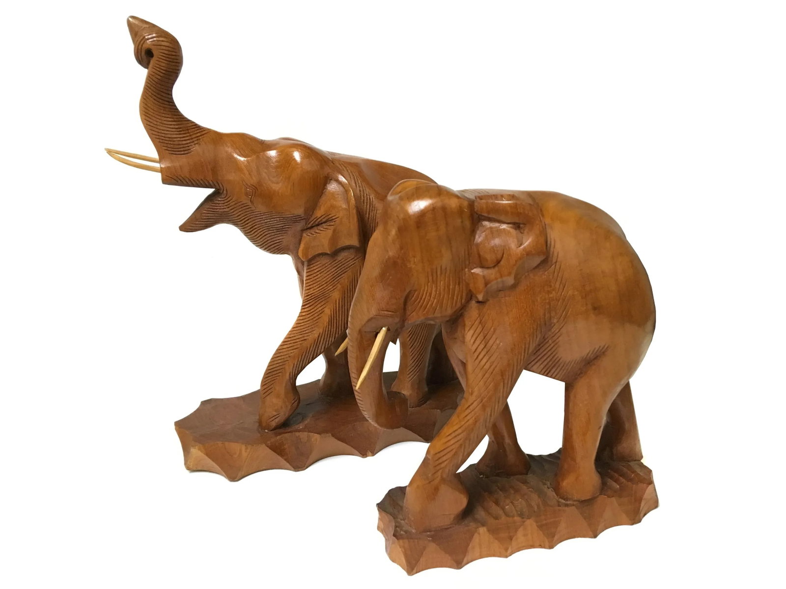 Solid Teak Wood Hand Carved Trunk Up Elephant Statue - a Pair - 3