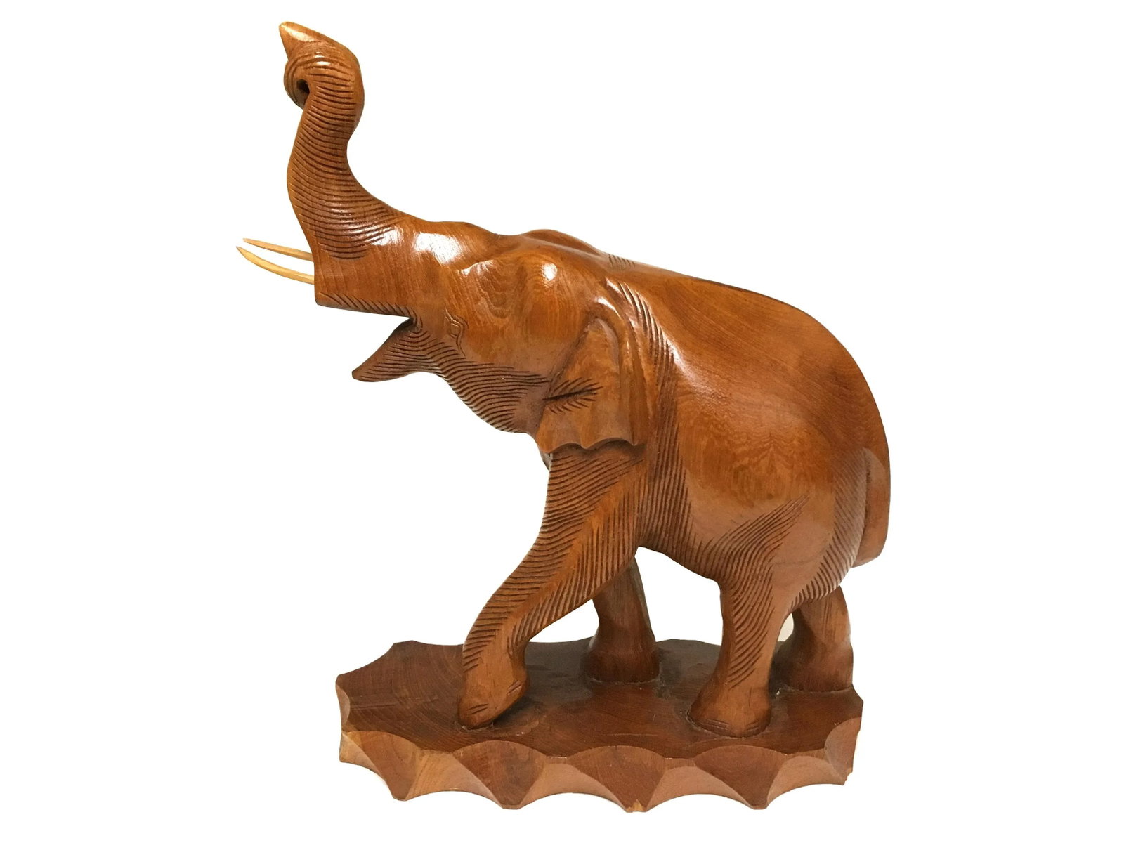Solid Teak Wood Hand Carved Trunk Up Elephant Statue - a Pair - 4