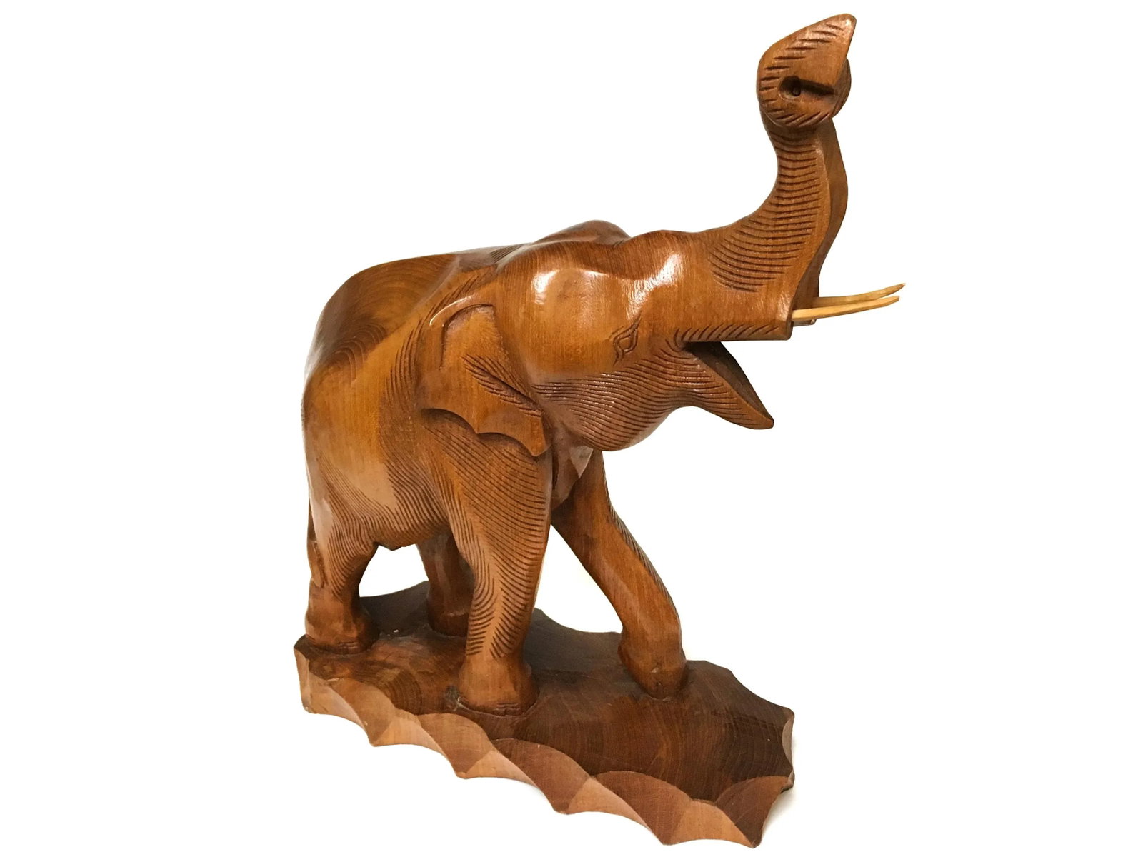 Solid Teak Wood Hand Carved Trunk Up Elephant Statue - a Pair - 5