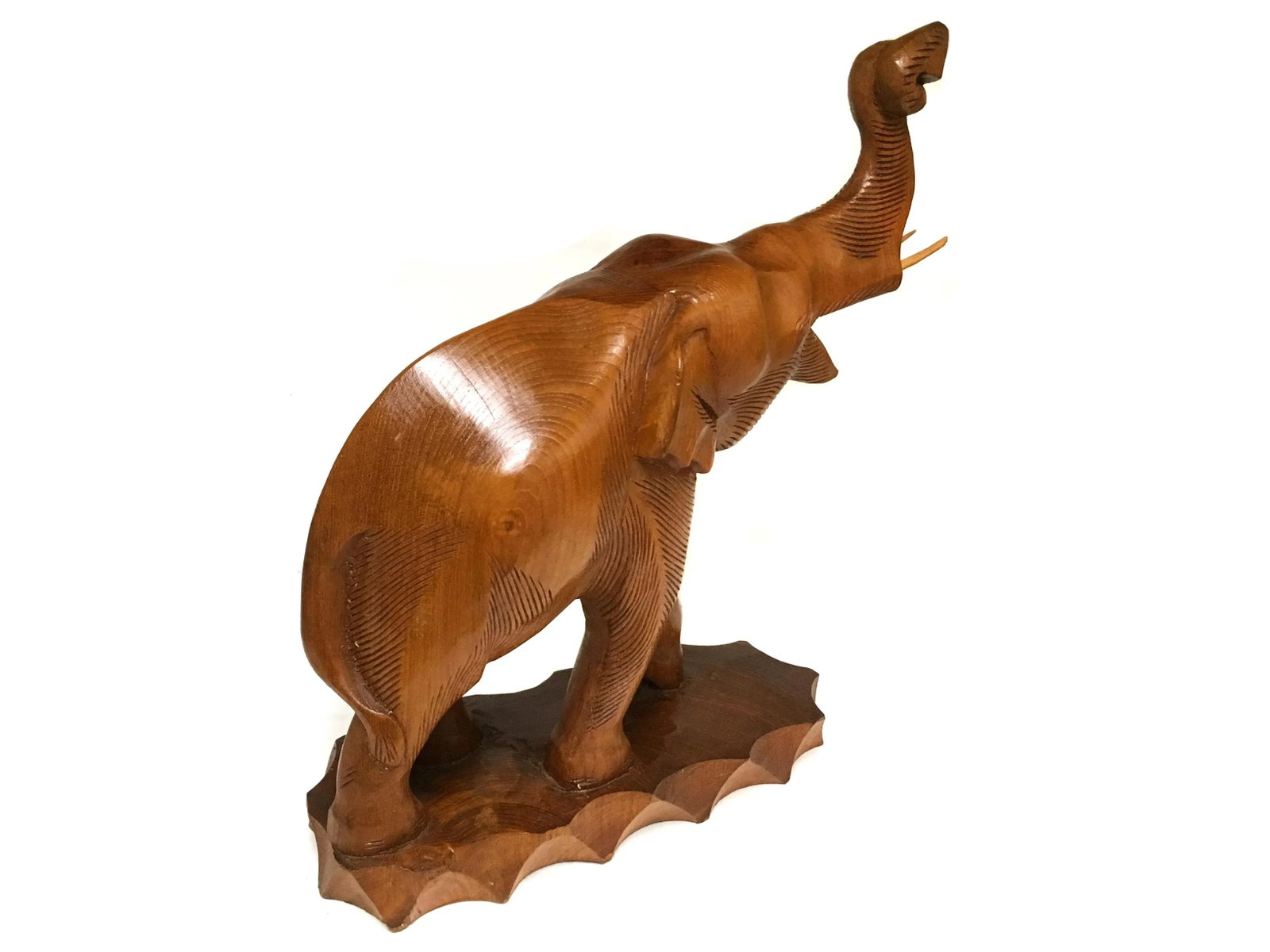 Solid Teak Wood Hand Carved Trunk Up Elephant Statue - a Pair - 6