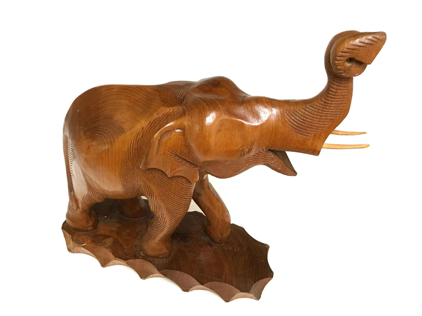 Solid Teak Wood Hand Carved Trunk Up Elephant Statue - a Pair - 7