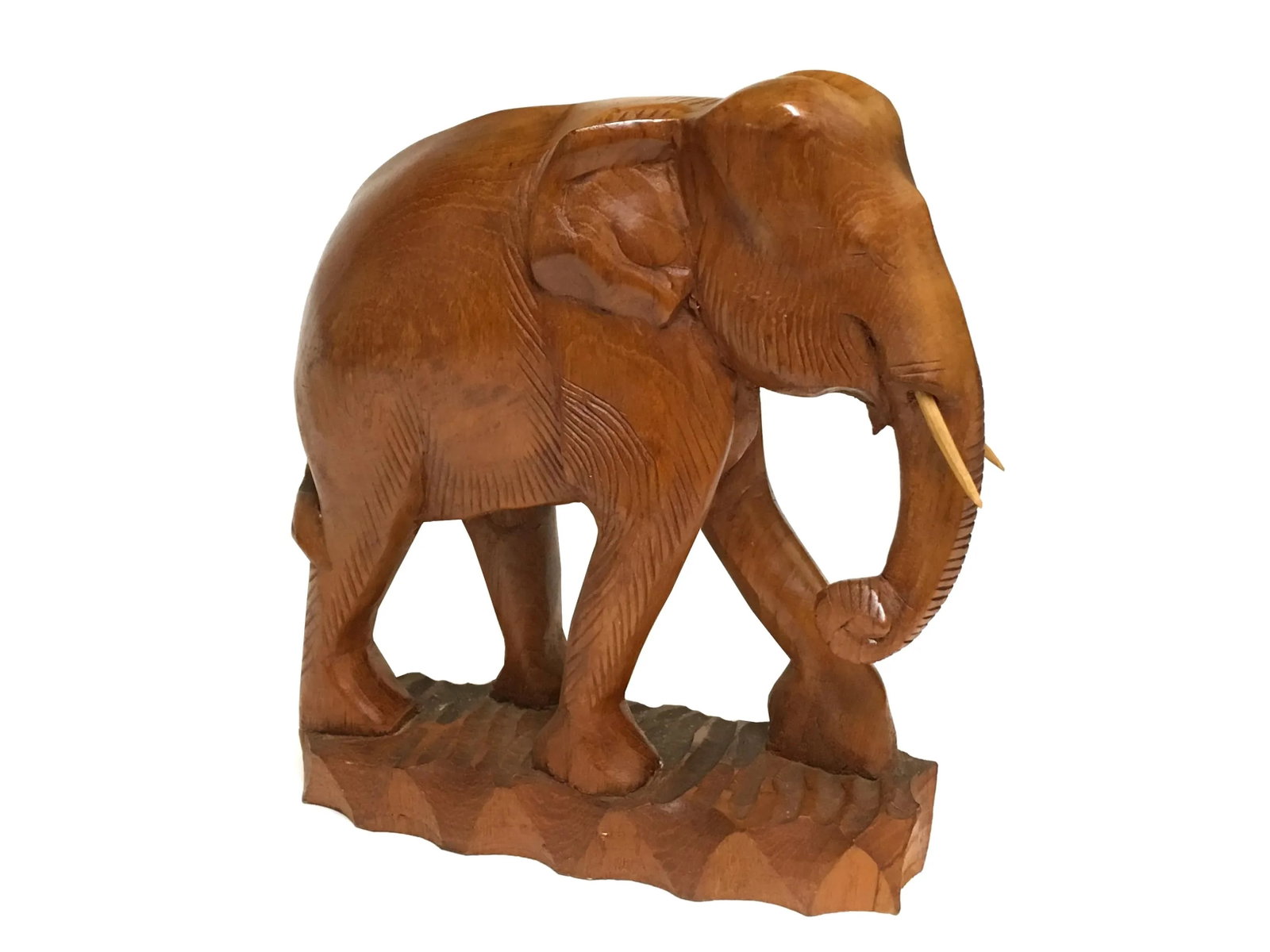 Solid Teak Wood Hand Carved Trunk Up Elephant Statue - a Pair - 8