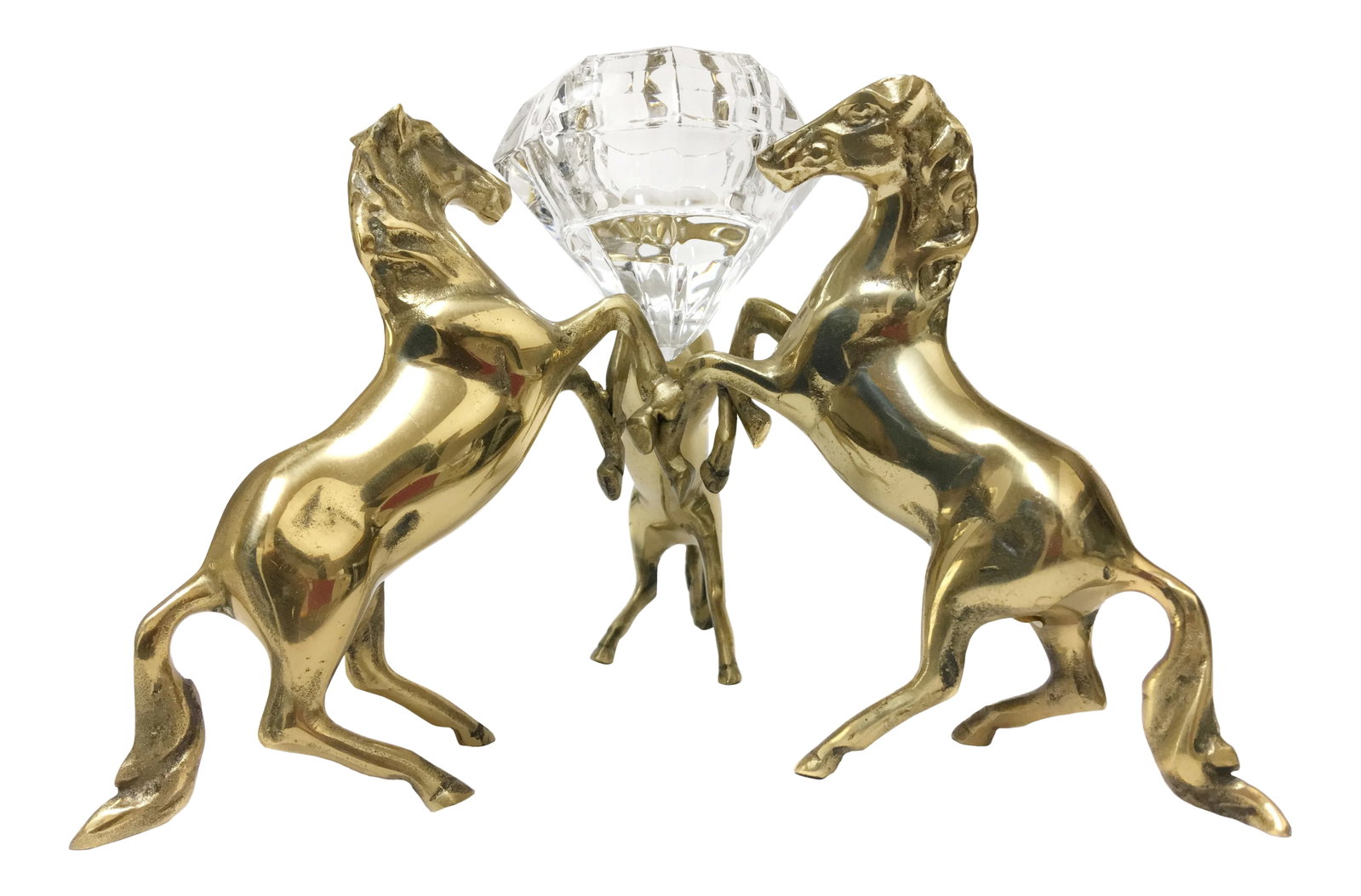 Three Brass Horses Holding Crystal Diamond Candle Holder: Unique Brass Three Horses holding Crystal Diamond Candle Holder Item Details: -Made of Brass and Crystal -Made in Korea and Germany -in Excellent Condition -It is approximately: 6.5" H x 9.5" L x