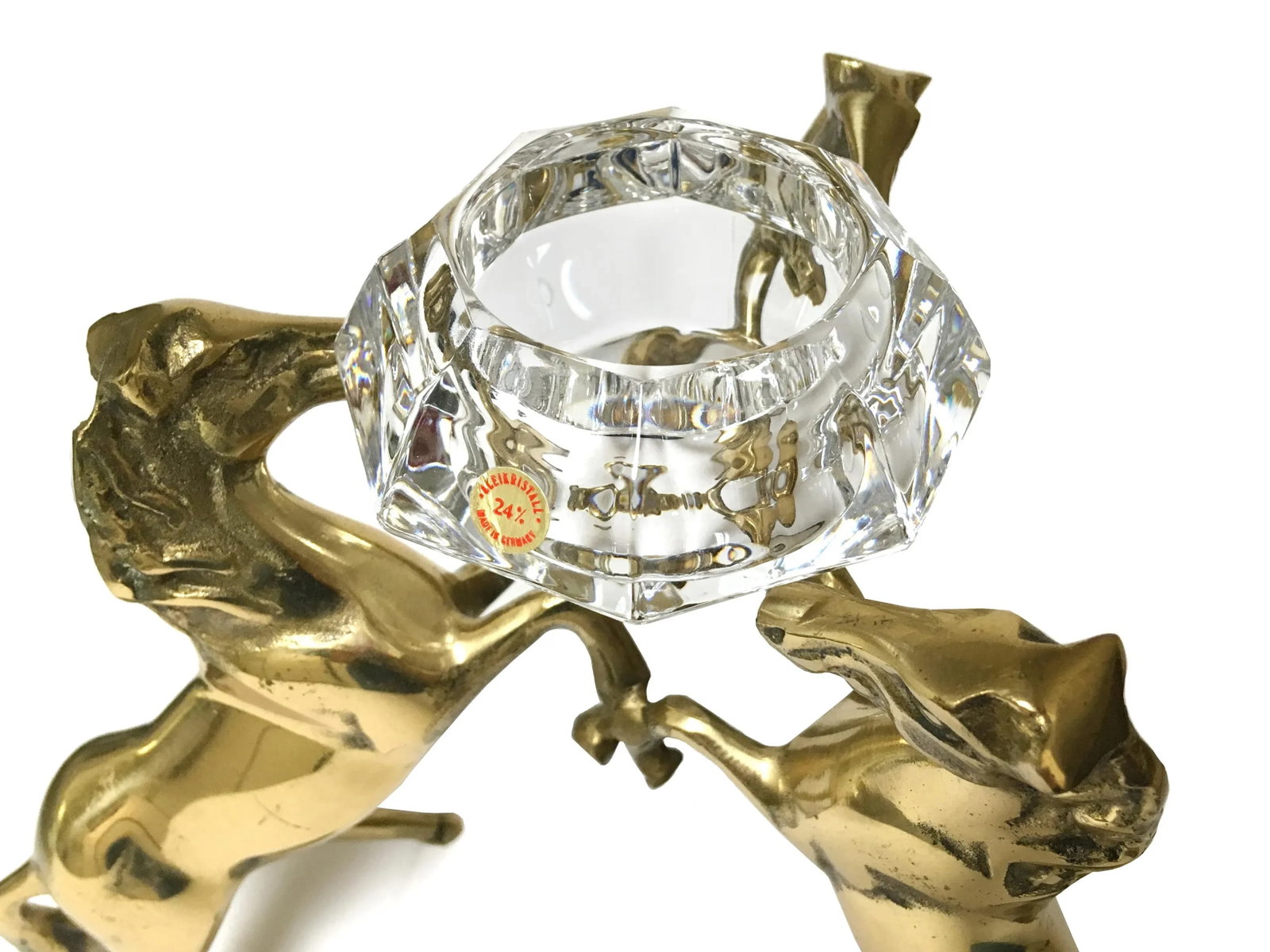 Three Brass Horses Holding Crystal Diamond Candle Holder - 2