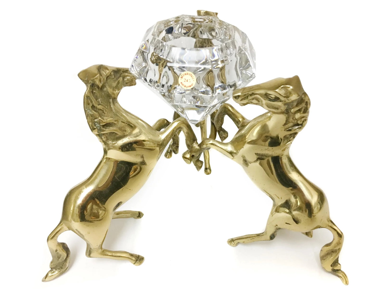 Three Brass Horses Holding Crystal Diamond Candle Holder - 3