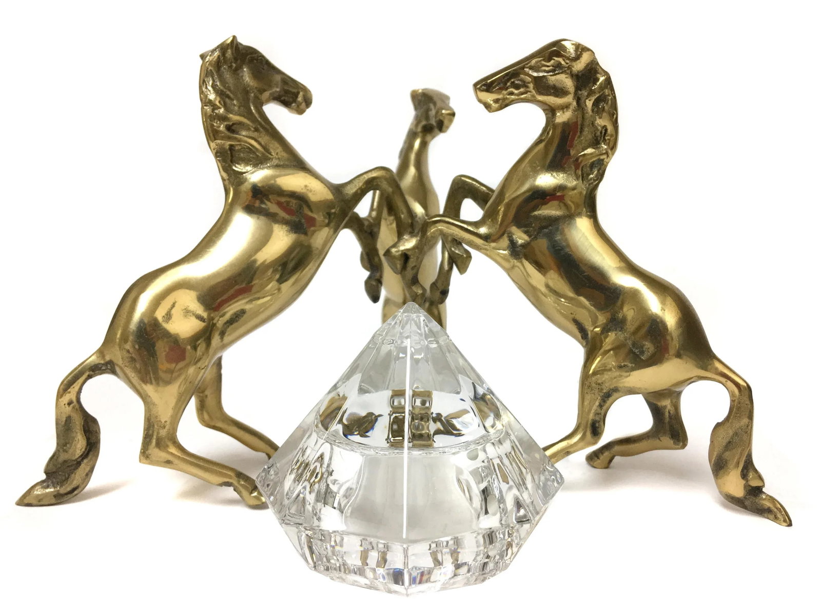 Three Brass Horses Holding Crystal Diamond Candle Holder - 4