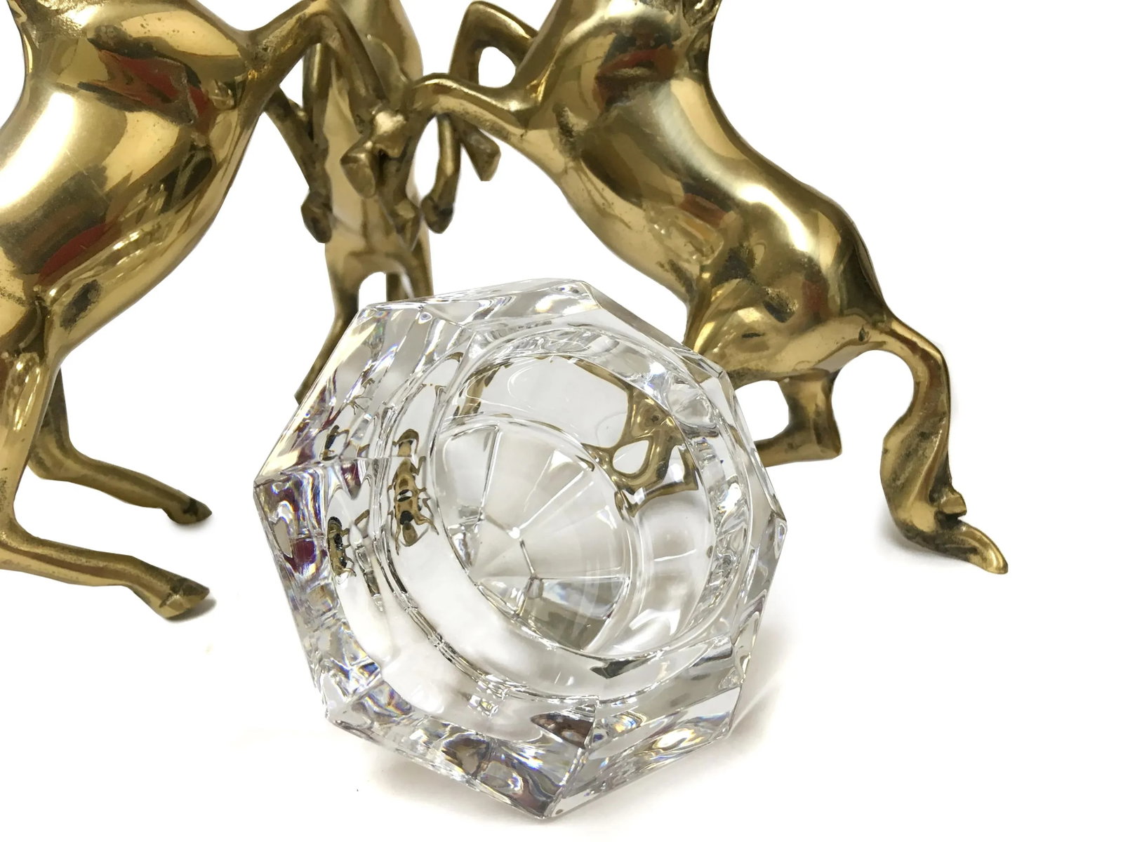 Three Brass Horses Holding Crystal Diamond Candle Holder - 5