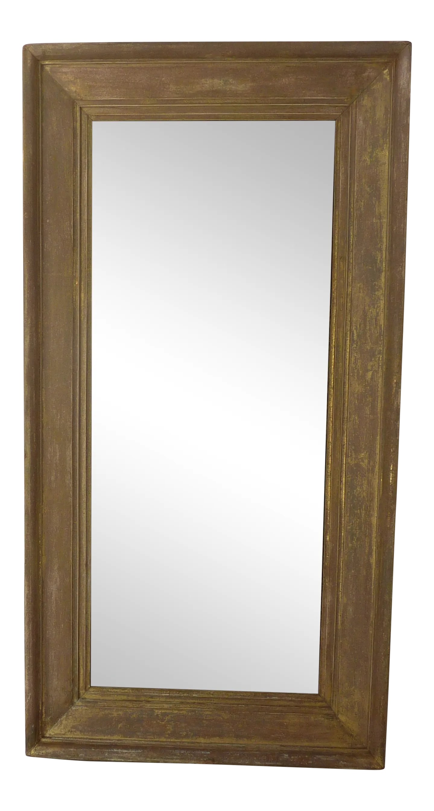 Rubbed Gold Wall Mirror: 19th Century giltwood frame, the goldleaf worn down so that only traces remain, with aged mirror, with speckling and some clouding, ready to hang vertically, but you can change the hangers if you