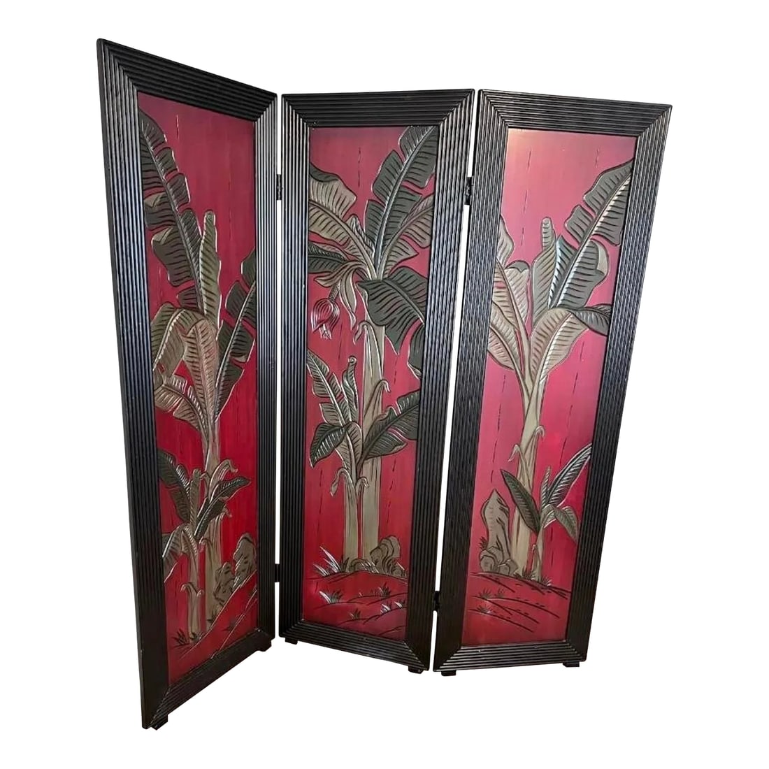 Late 20th Century Three-Panel Asian Screen With Palm Leaf Accent Red on 1 Side Oak on Other: A 20th century Asian three-panel screen or room divider in red with palm leaf decoration in excellent condition. Opposite side is an oak color with some paint wear as pictured. 72"H X 66" W X 2" D Con