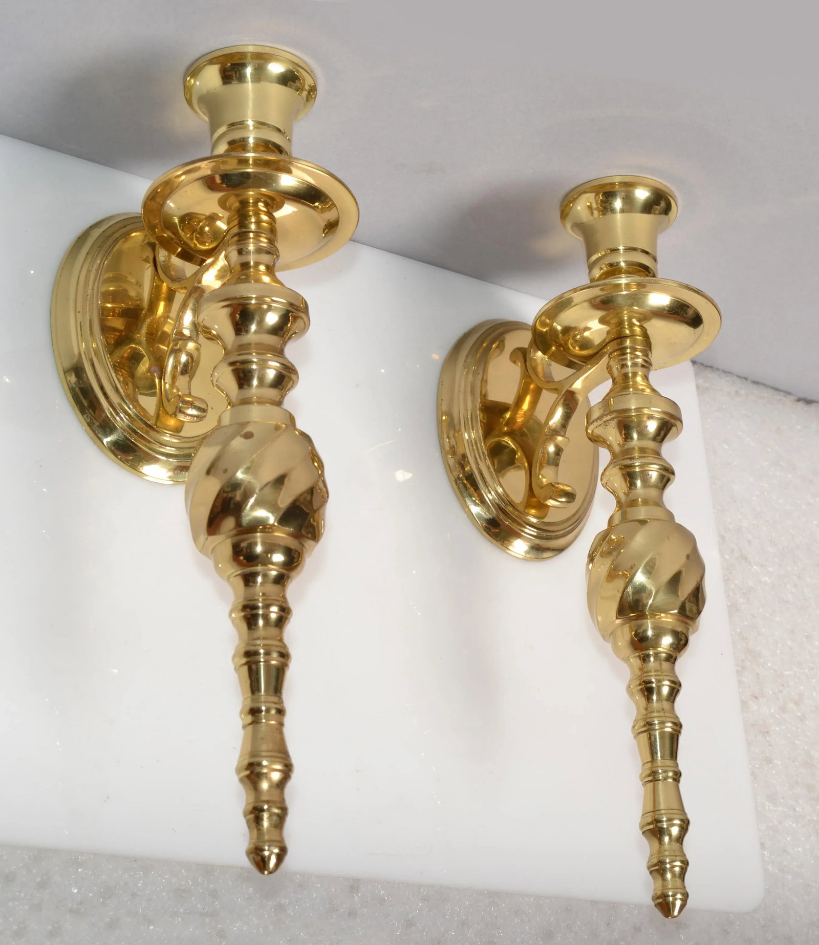 1980s Neoclassical Style Turned Solid Brass Candle Holder Wall Sconces - Set of 2 - 10