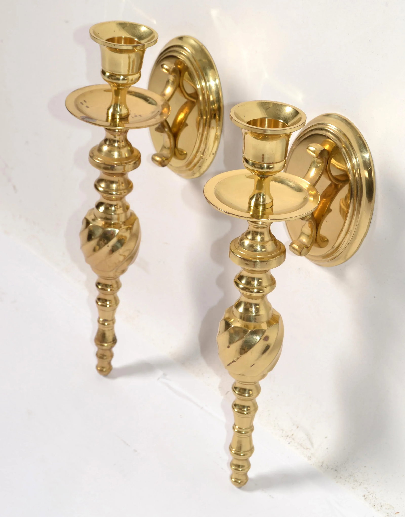 1980s Neoclassical Style Turned Solid Brass Candle Holder Wall Sconces - Set of 2 - 12