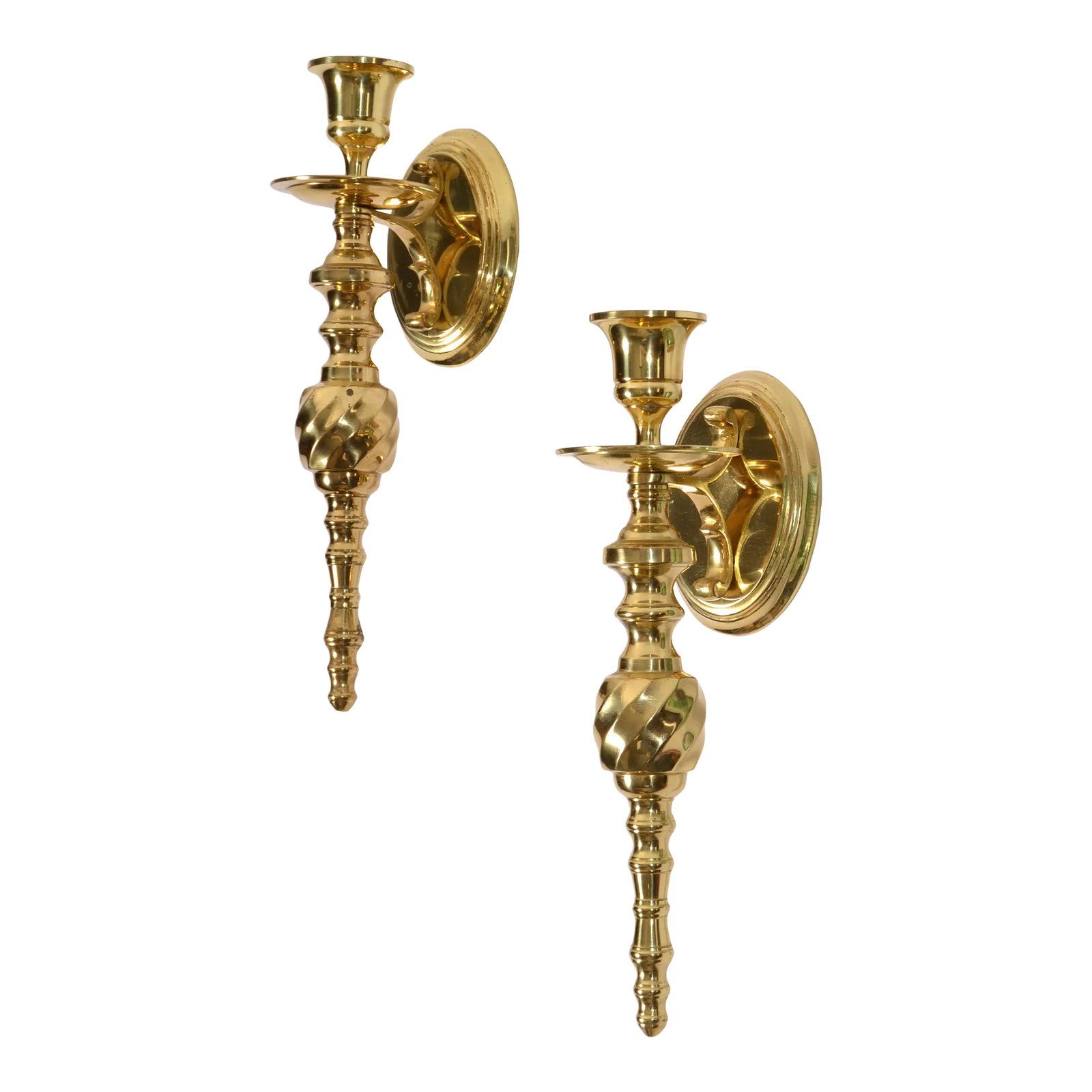 1980s Neoclassical Style Turned Solid Brass Candle Holder Wall Sconces - Set of 2 (1 of 12)