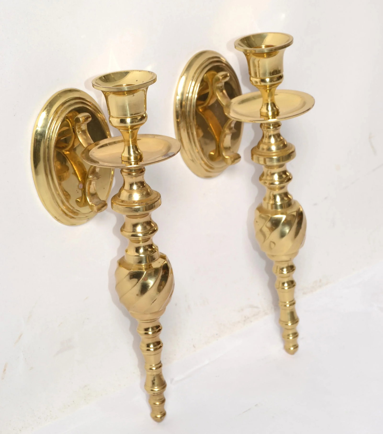 1980s Neoclassical Style Turned Solid Brass Candle Holder Wall Sconces - Set of 2 - 6