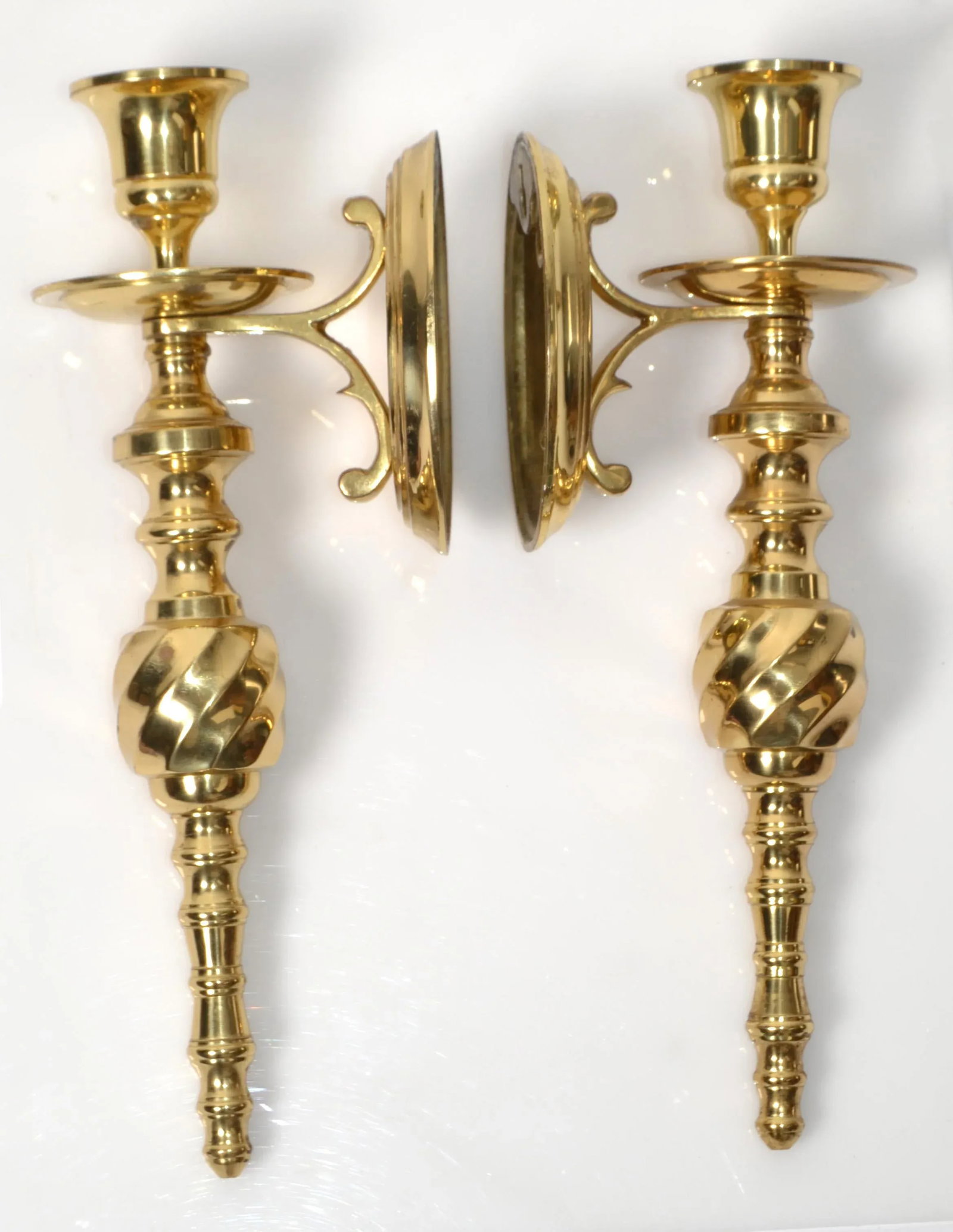 1980s Neoclassical Style Turned Solid Brass Candle Holder Wall Sconces - Set of 2 - 7