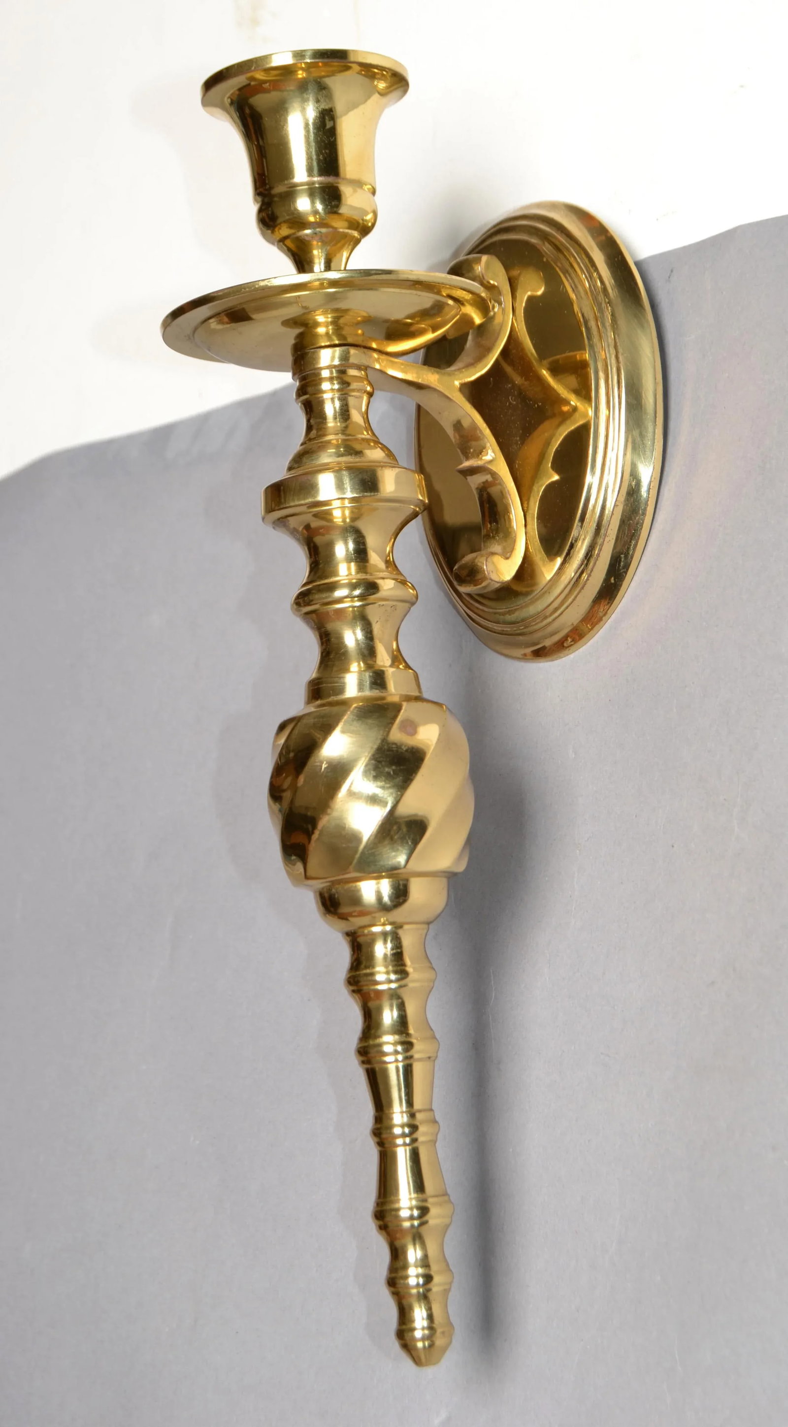 1980s Neoclassical Style Turned Solid Brass Candle Holder Wall Sconces - Set of 2 - 8