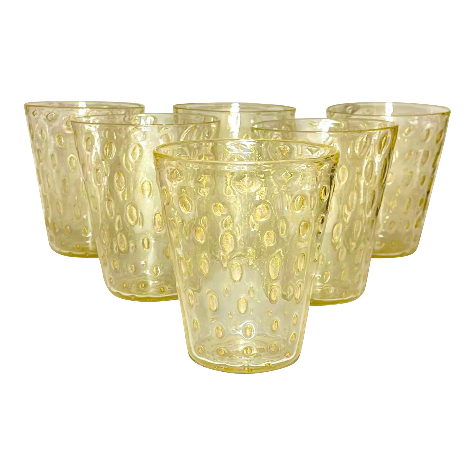 Striulli Verte D'Arte Murano Glasses Set Signed - Set of 6: Gorgeous Murano set of 6 glasses by Striulli Vert d'Arte. Designed with Bullicante and Avertina (controlled bubbles and gold flakes. The glasses are each signed Striulli. Designed by Master Alberto