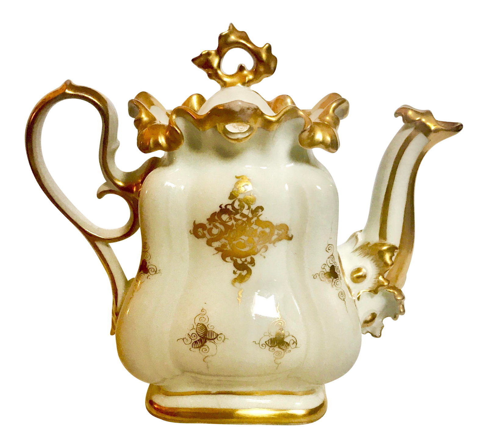 Mid 19th Century Antique Meissen Style Rococo Gold Encrusted Coffee Pot by Tpm Carl Tielsch: 19th Century Rococo coffeepot in style of Meissen or Limoges. Unbelievable condition for its age. The gold gild is perfection. Slight cracking in the glaze as to be expected but strucurally the piece 