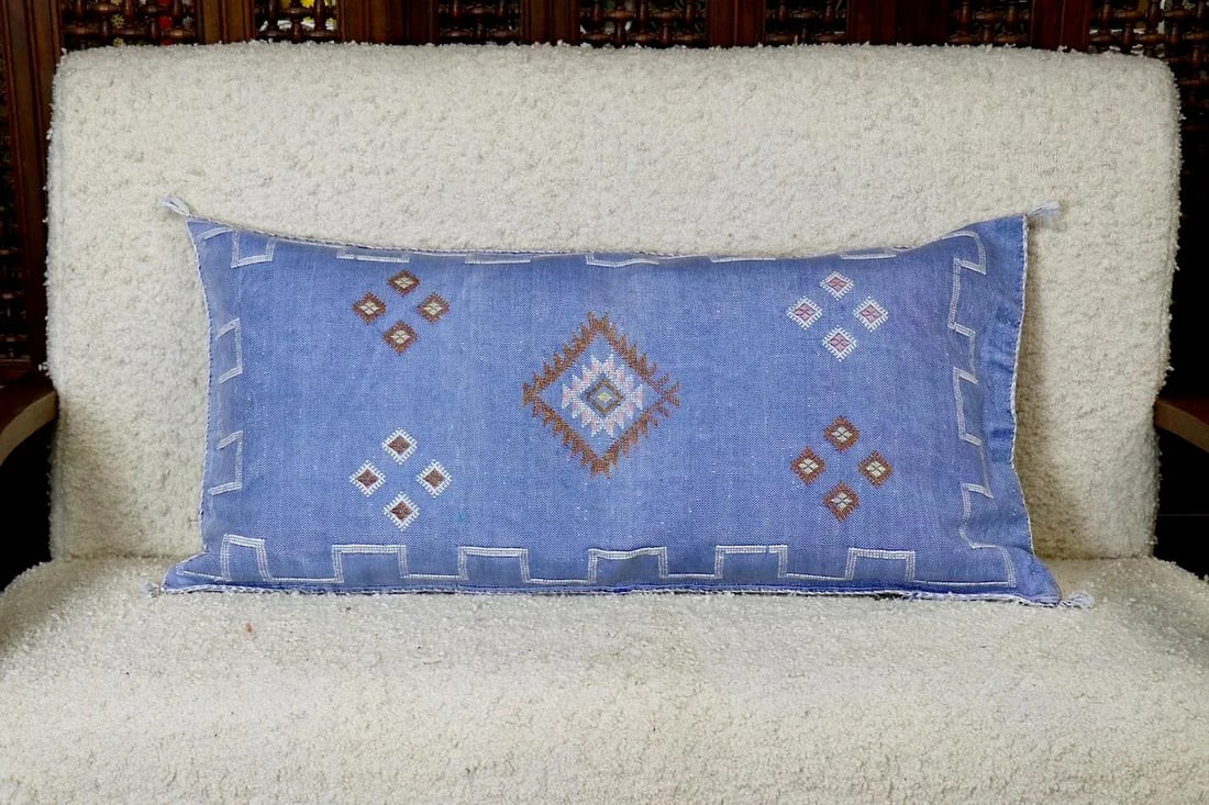 Blue Moroccan Cactus Silk Pillow - 3