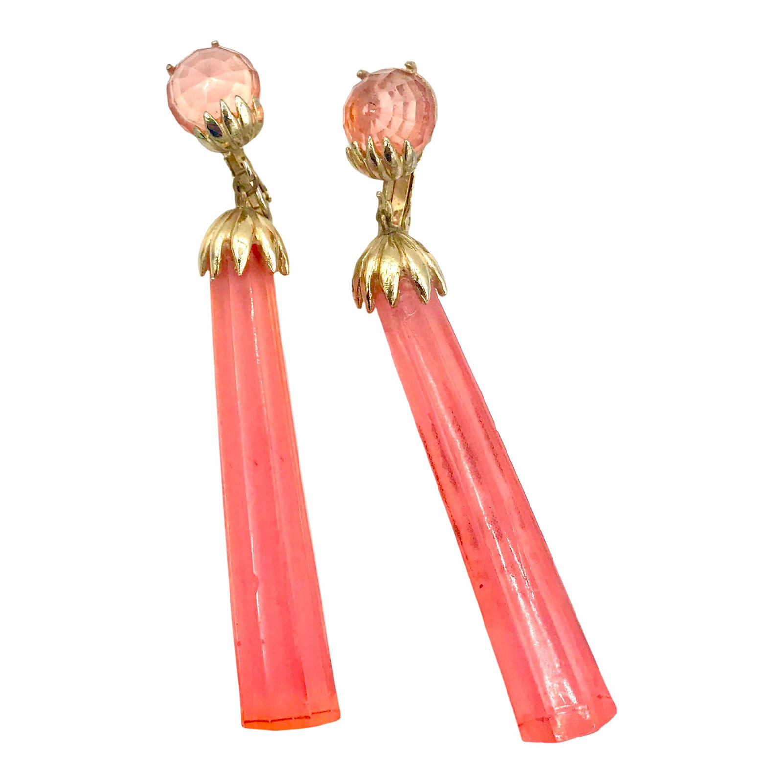 1940s Signed Marcel Boucher Pink and Gold Pendent Clip Earrings - 2 Pieces: This is part of Chairish's Costume Jewelry assortment. These 1940s Boucher clip earrings were in the latest materials when they came out. Pink lucite long striated column pendent with gold plated clip