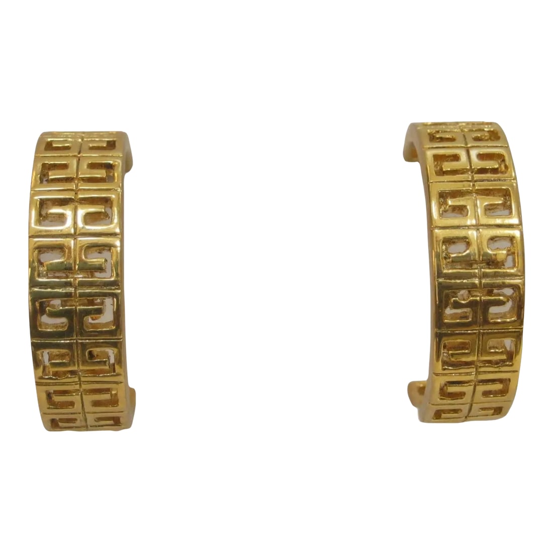 1980s Givenchy Gold Plated Open Work Hoop Earrings, 2 Pieces: This is part of Chairish's Costume Jewelry assortment. Stunning Givenchy gold-plated open work "GG"logo design pierced post earrings Signed, "Givenchy, Paris, New York"&"GG logo" From my private secur
