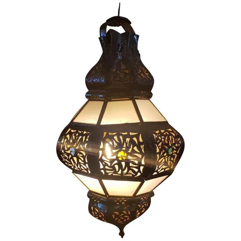 Moroccan Metal and White Frosted Glass Bok Style Lantern - 2