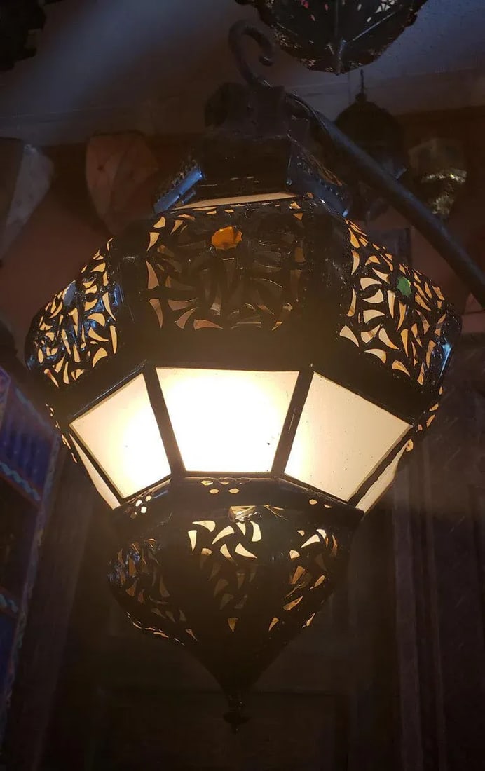Moroccan Metal and White Frosted Glass Bok Style Lantern - 3