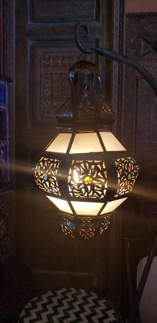 Moroccan Metal and White Frosted Glass Bok Style Lantern - 4