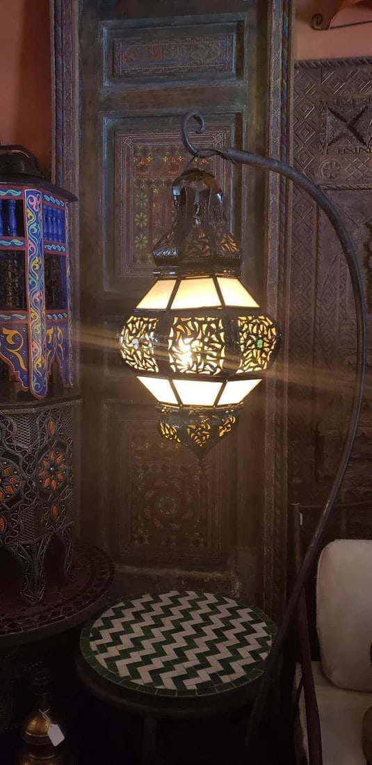 Moroccan Metal and White Frosted Glass Bok Style Lantern - 6