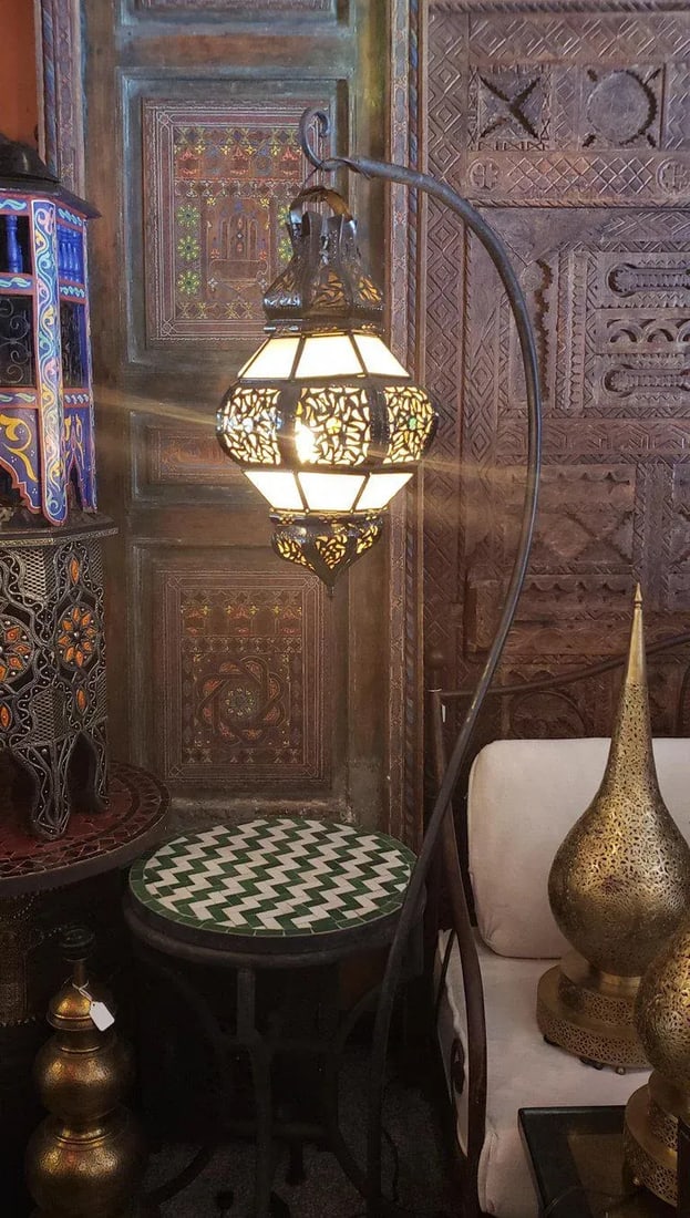 Moroccan Metal and White Frosted Glass Bok Style Lantern - 7