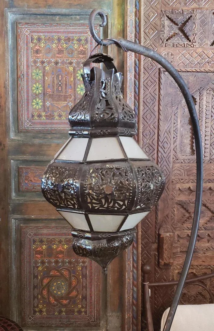 Moroccan Metal and White Frosted Glass Bok Style Lantern - 8