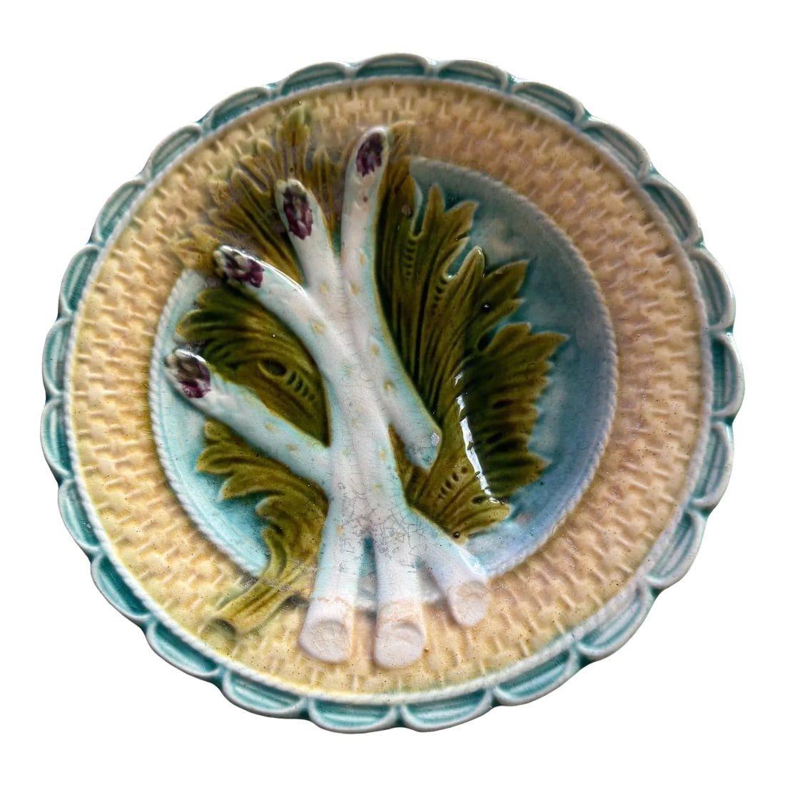 French Asparagus Plate: An antique asparagus plate with aqua and lemon. I adore the colors in this plate! It brings the coastal vibe for me and would work beautifully hung in any room. Plate with a scalloped edge. Some grazi