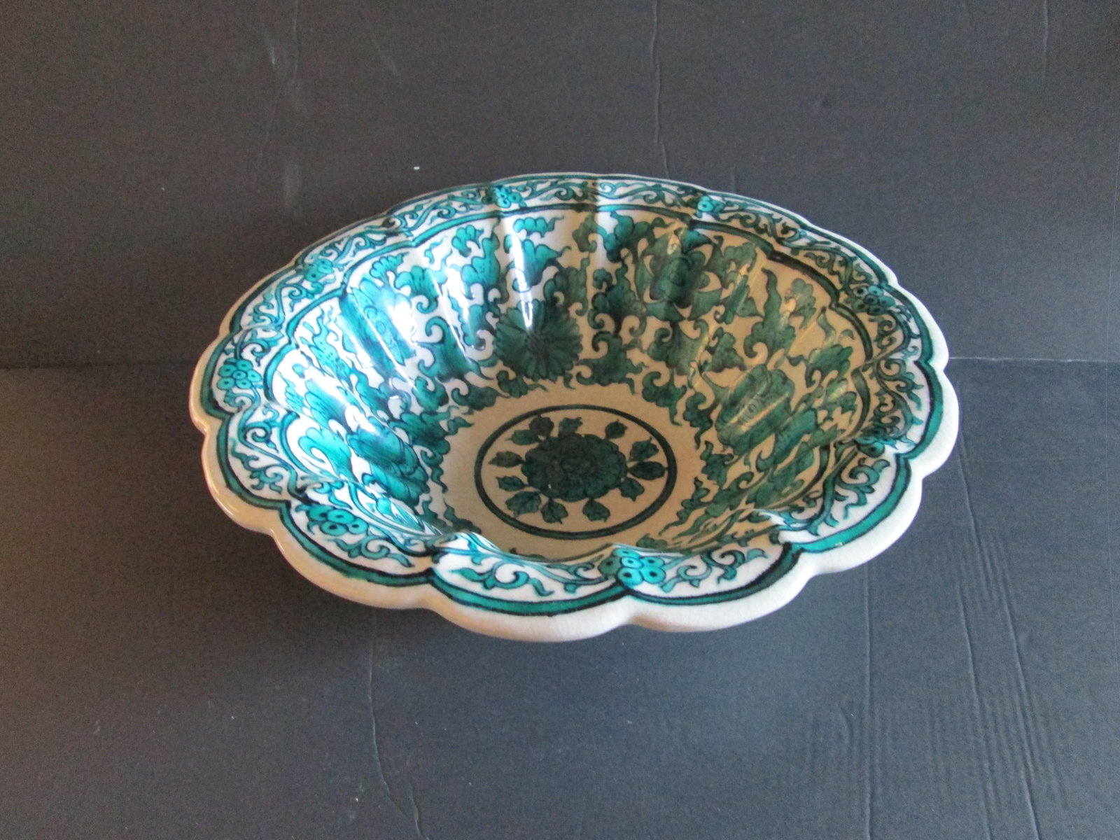 Vintage Chinese-Persian Influence Green Porcelain & Pottery Fluted, Scalloped, Decorative Bowl - 2