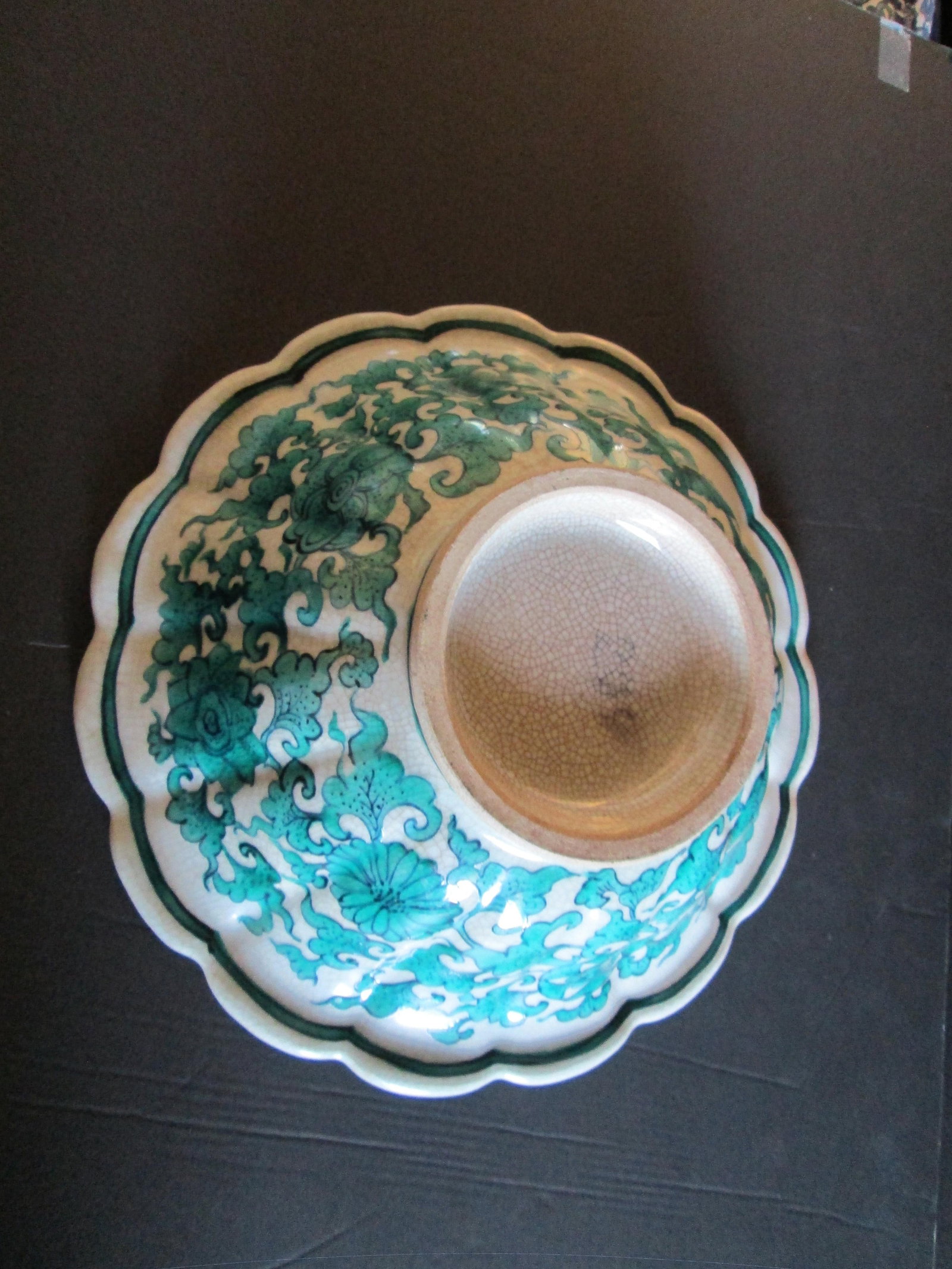 Vintage Chinese-Persian Influence Green Porcelain & Pottery Fluted, Scalloped, Decorative Bowl - 5