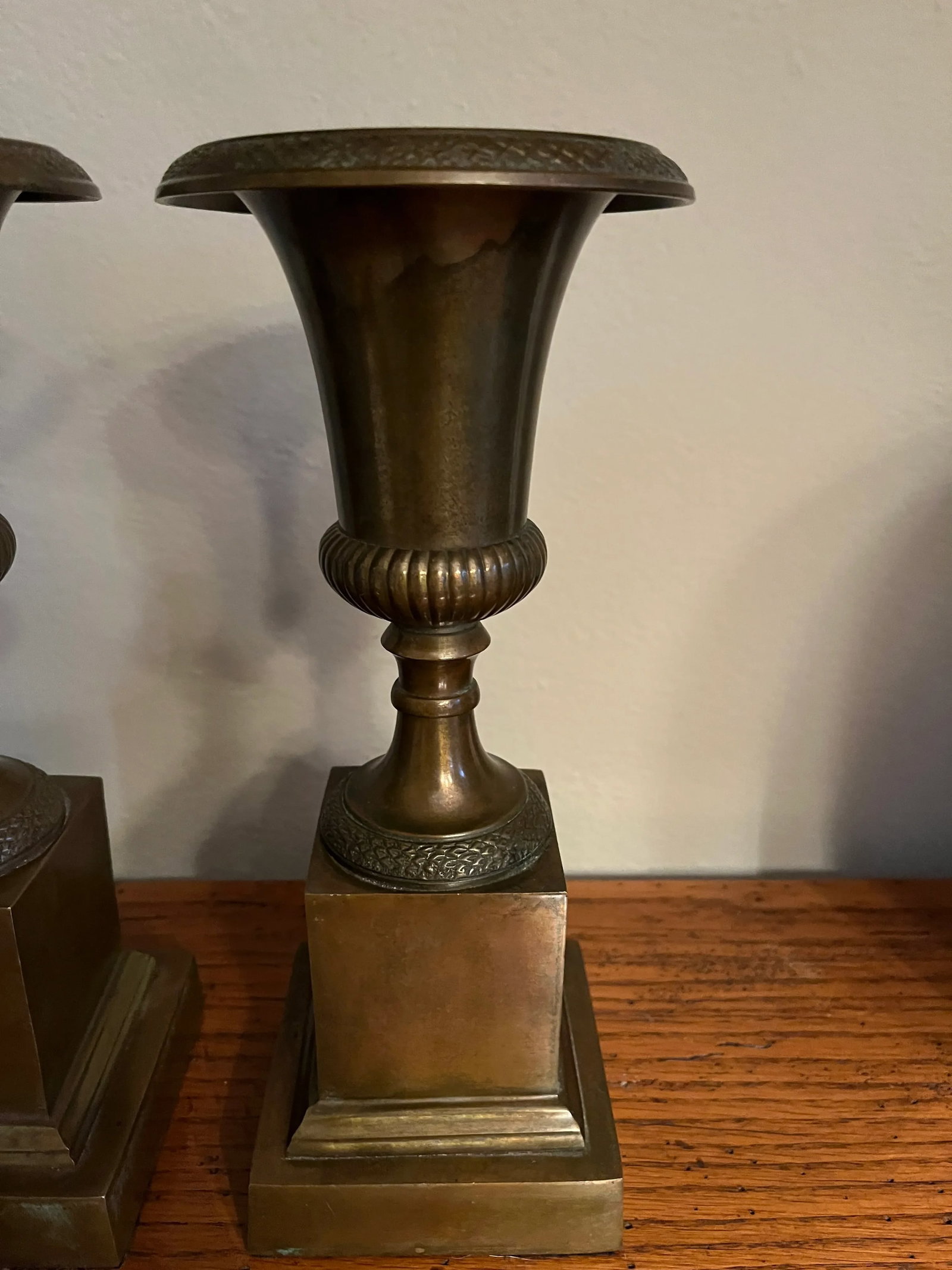 Solid Antique Brass Urns, Smaller Scale on Plinth Pedestals - 2