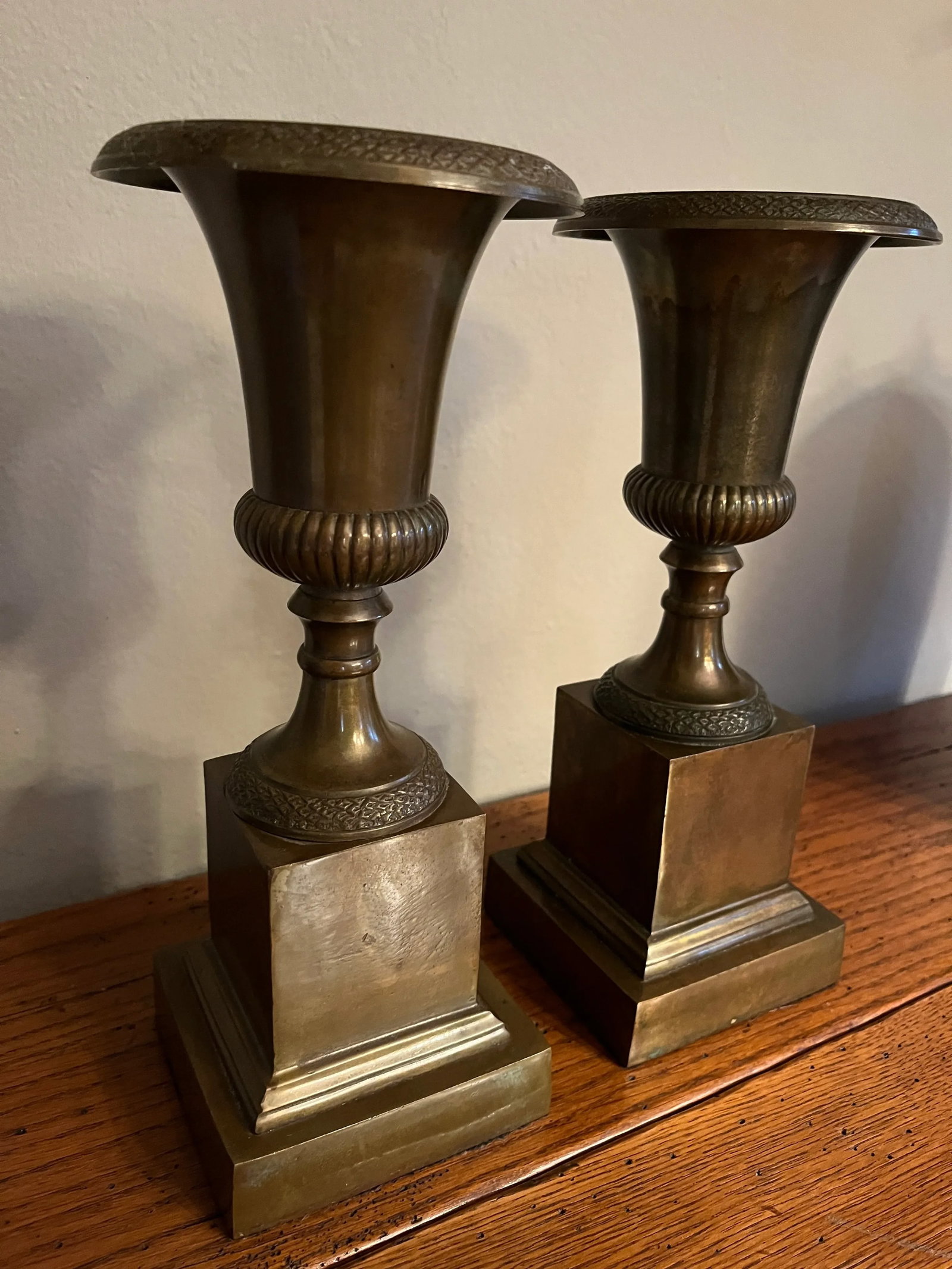 Solid Antique Brass Urns, Smaller Scale on Plinth Pedestals - 4