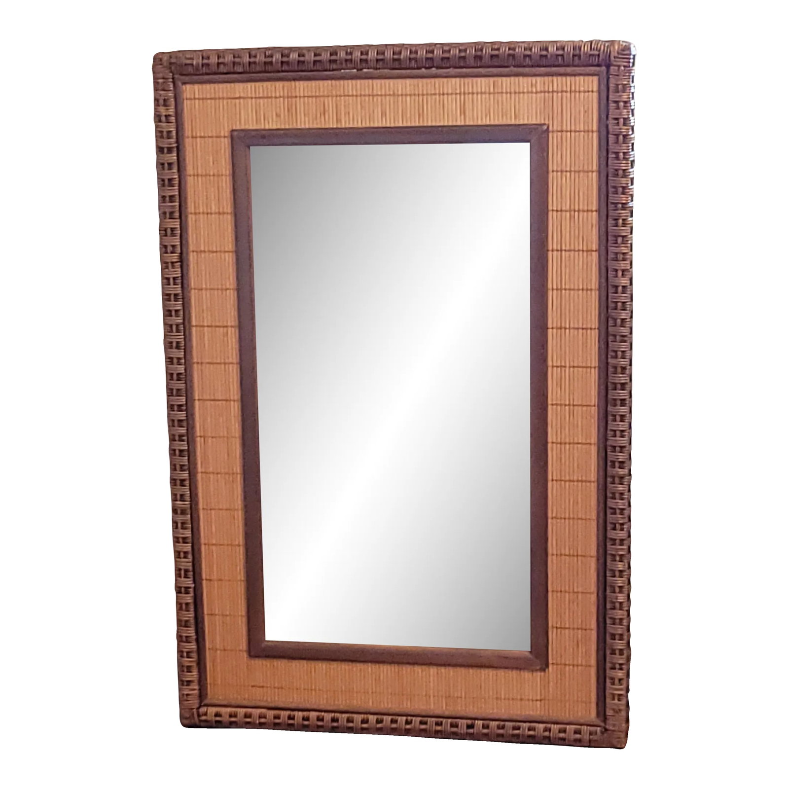 Mid-Century Bamboo Woven Frame Mirror: Measures 24 x 36" Excellent condition Handmade, crafted, intricate wicker frame Mid-century modern style, rectangular shape boho chic, vintage shows slight wear due to age but if terrific condition