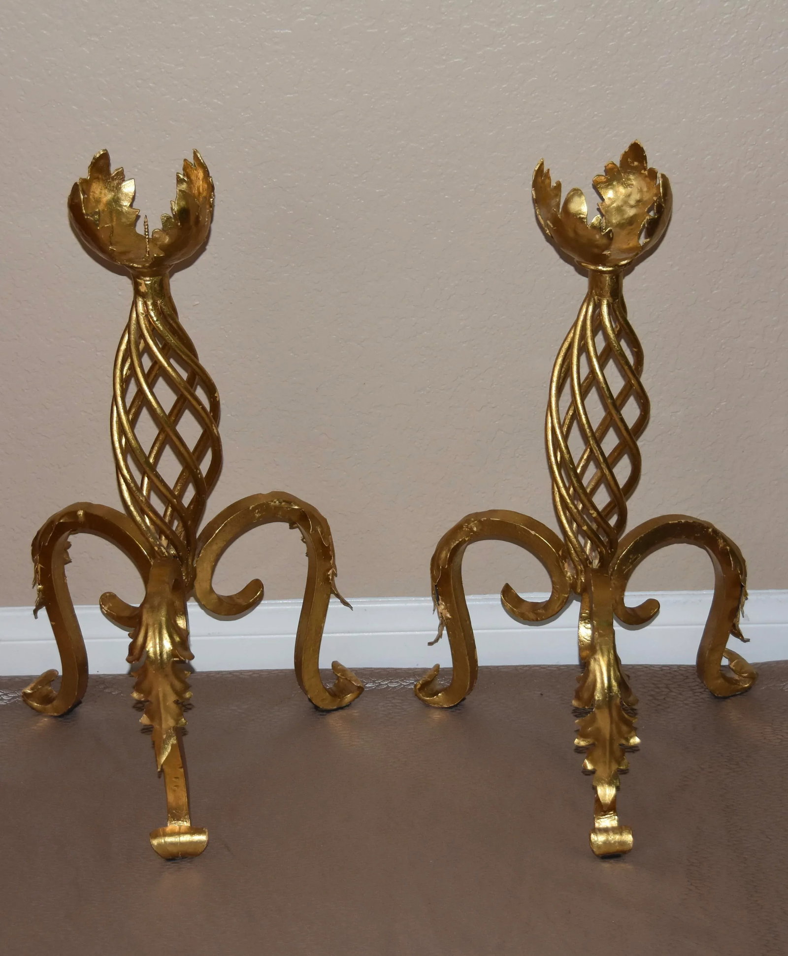 1900s Antique French Floor Standing Wrought Iron Gold Leaf Candleholder- a Pair - 10
