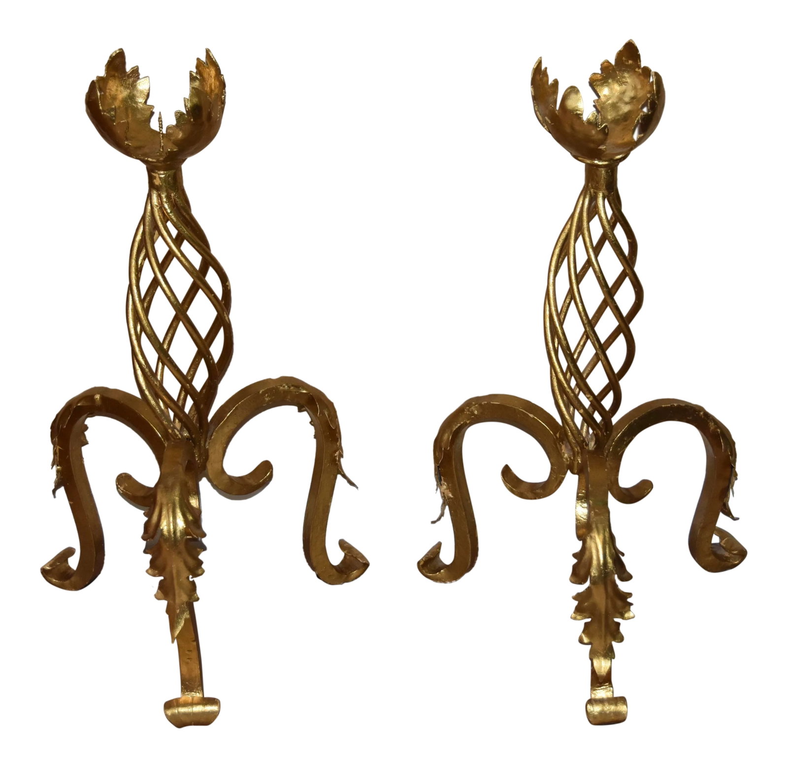 1900s Antique French Floor Standing Wrought Iron Gold Leaf Candleholder- a Pair: 2- Floor Standing Wrought Iron Gold Leaf Candleholder 25" Tall - 14" Wide. In very good condition gold leaf loss in some areas Made of wrought iron with a beautifully gilded antique finish. Its three-