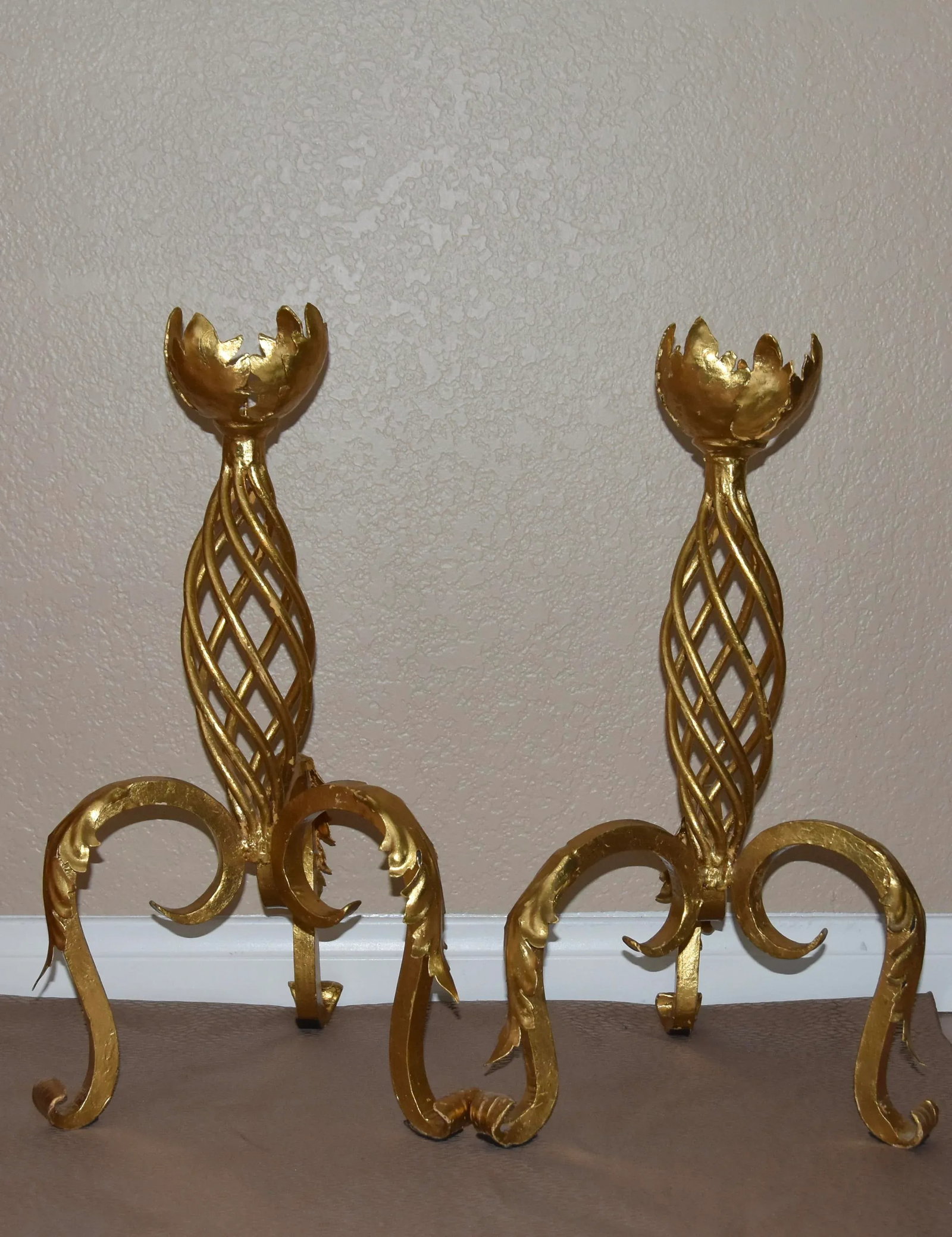 1900s Antique French Floor Standing Wrought Iron Gold Leaf Candleholder- a Pair - 2