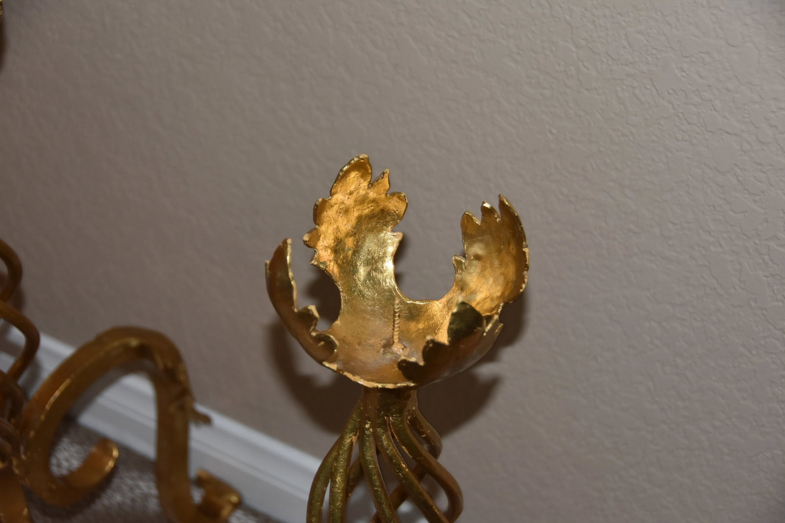 1900s Antique French Floor Standing Wrought Iron Gold Leaf Candleholder- a Pair - 4