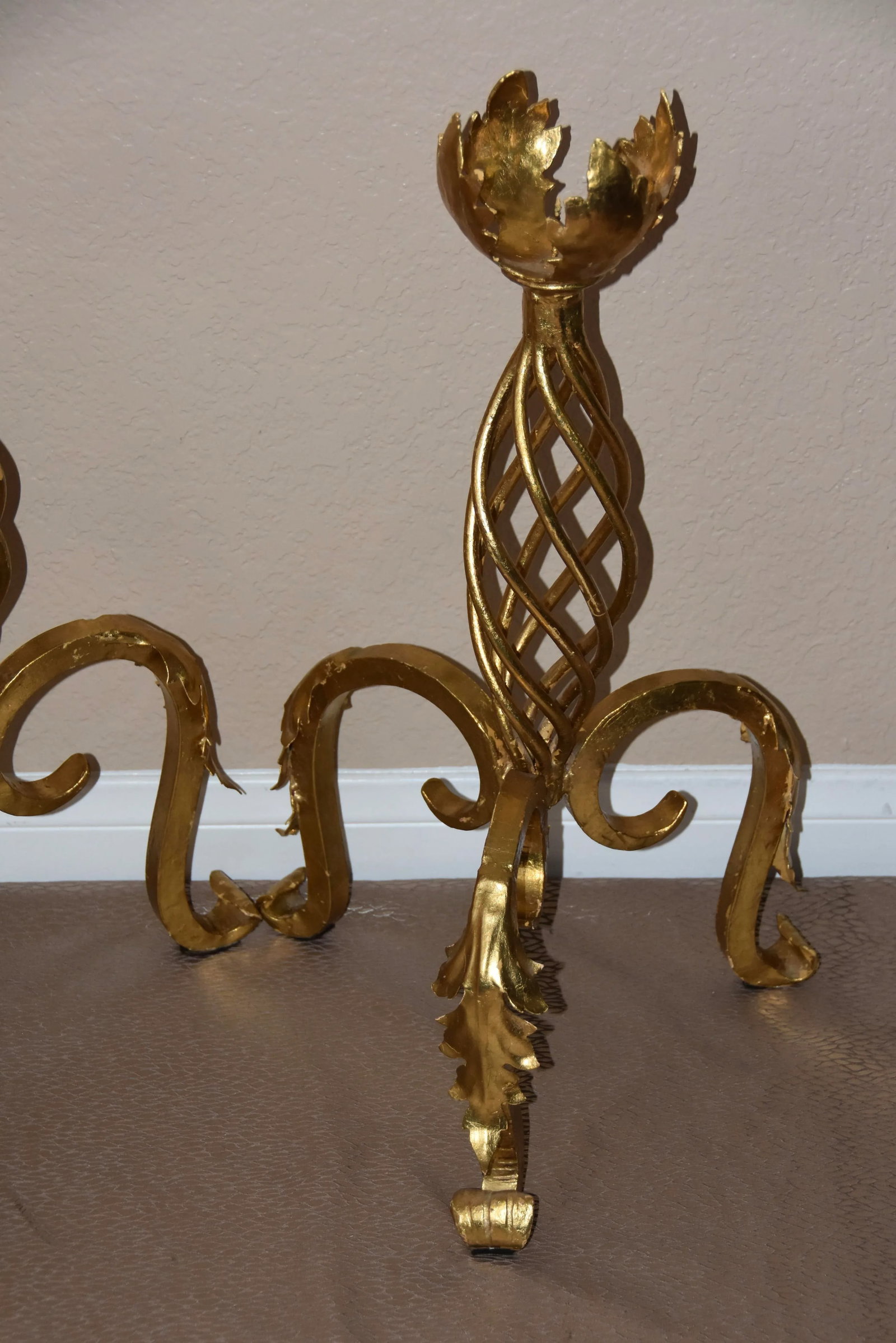 1900s Antique French Floor Standing Wrought Iron Gold Leaf Candleholder- a Pair - 6