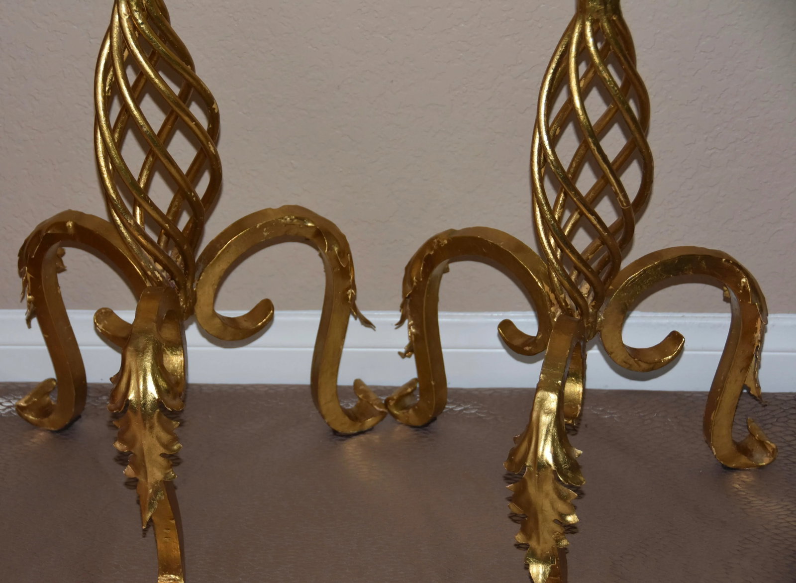 1900s Antique French Floor Standing Wrought Iron Gold Leaf Candleholder- a Pair - 8