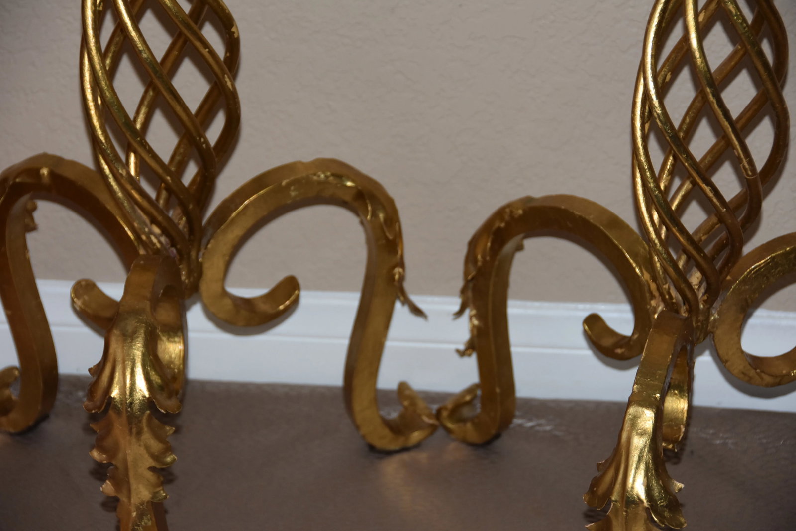 1900s Antique French Floor Standing Wrought Iron Gold Leaf Candleholder- a Pair - 9