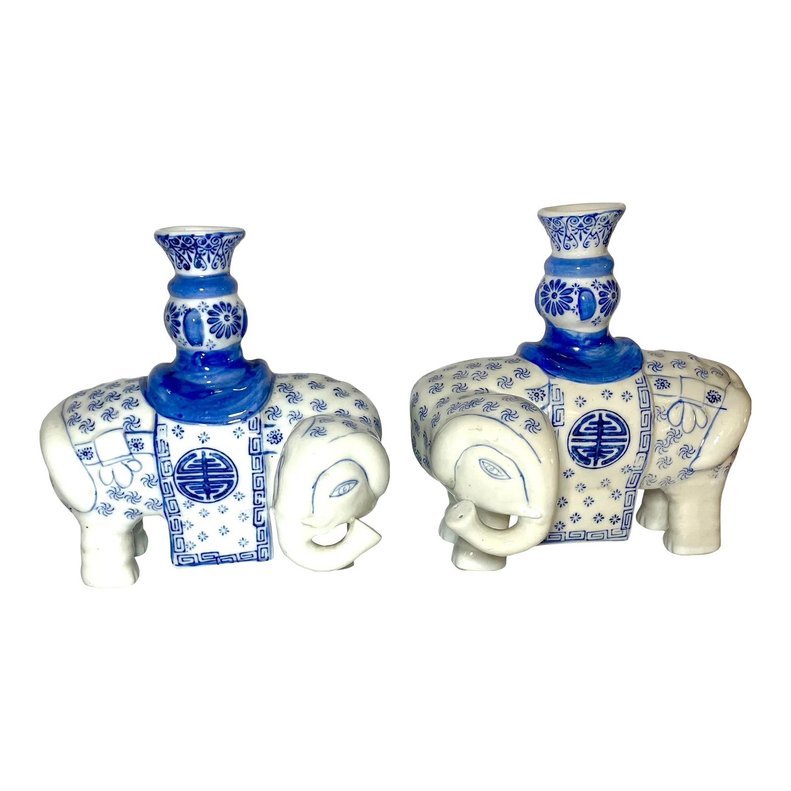 Vintage Blue Canton Chinoiserie Elephant Candlesticks - a Pair: Darling 1930s Chinoiserie Candle Sticks with mirror image elephants turning their head. These are hand painted and high quality. Repros exist but these are the quality porcelain ones. The pieces have