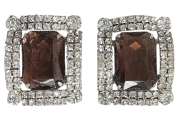 Vintage Delizza & Elster Juliana Faux-Topaz Rhinestone Clip Earrings - 2 Pieces: 1980s goldtone open back emerald cut faux-topaz paste and round clear paste clip back earrings. Unmarked DeLizza & Elster. A blue version of these earrings are shown on pg 300 of Paula Knutson & Karla