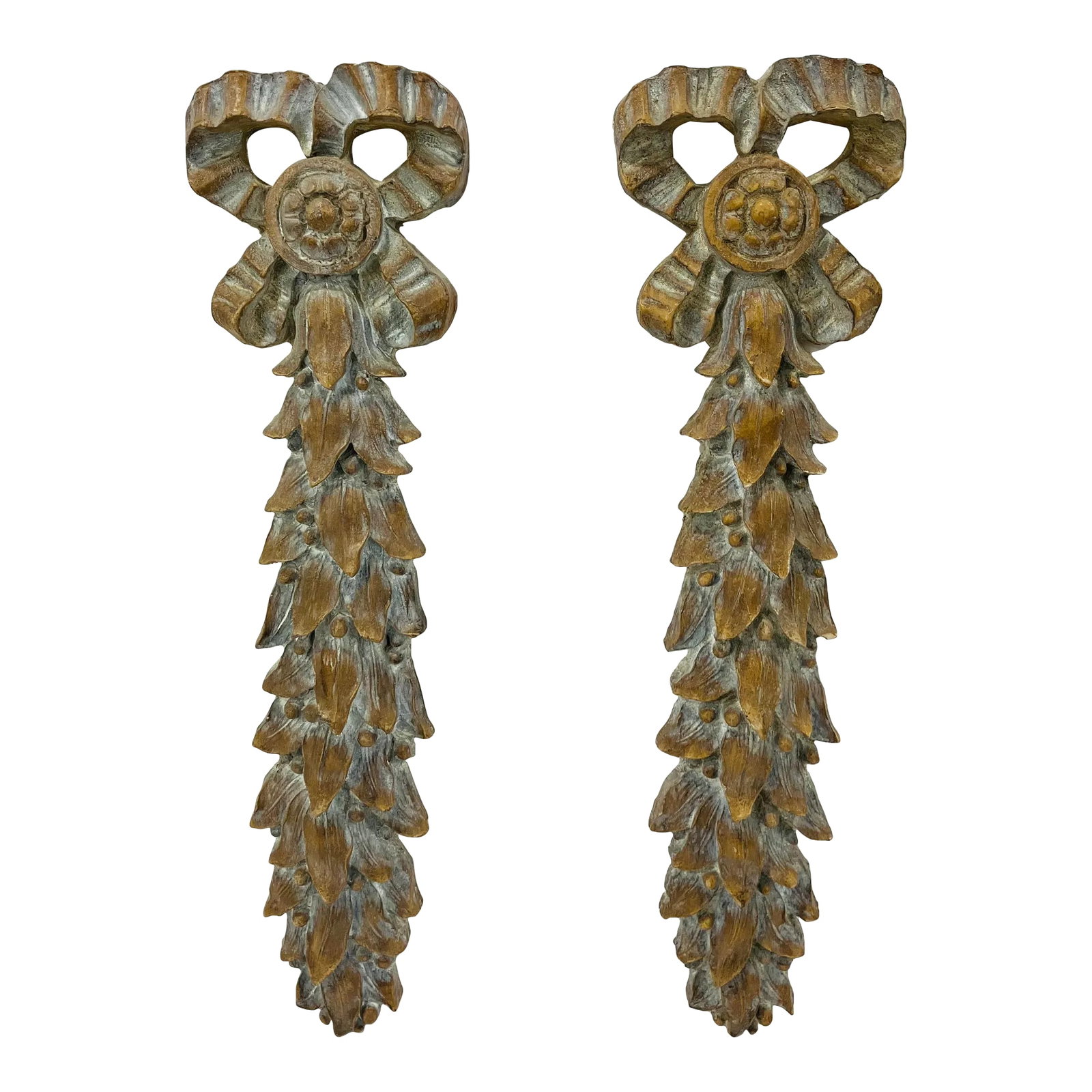 Pair of 1990s Faux Bois & Pickled Decorative Carvings: This pair of caste polymer carvings have a faux bois and pickled finish Nice scale 20 inches long & 5.25 inches wide Condition: Alterations: Original Condition Unaltered Imperfections: Some