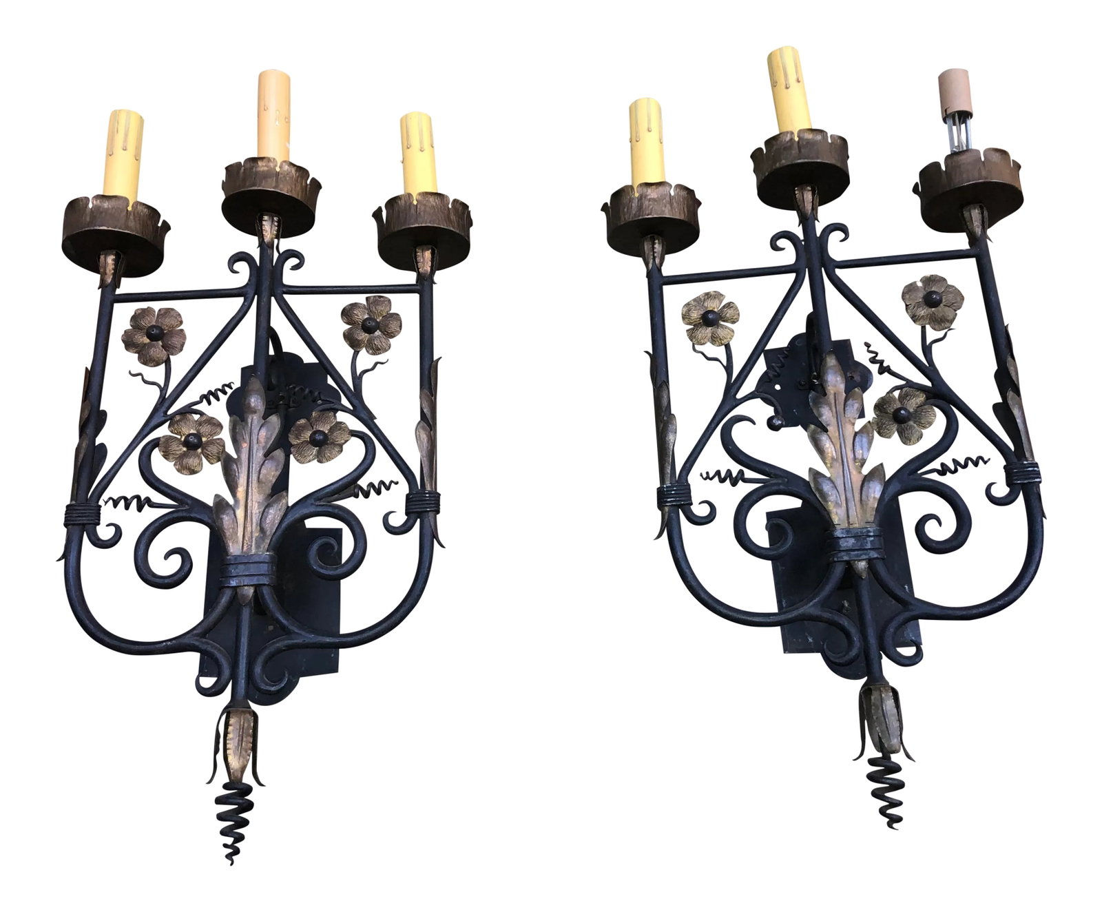 1920s Spanish Revival Mediterranean Sconces - a Pair: Beautiful pair of Spanish Revival /Spanish Mediterranean sconces. These lights are absolutely beautiful. They have great detail including beautiful flowers with vines, berries, golden candle cups,