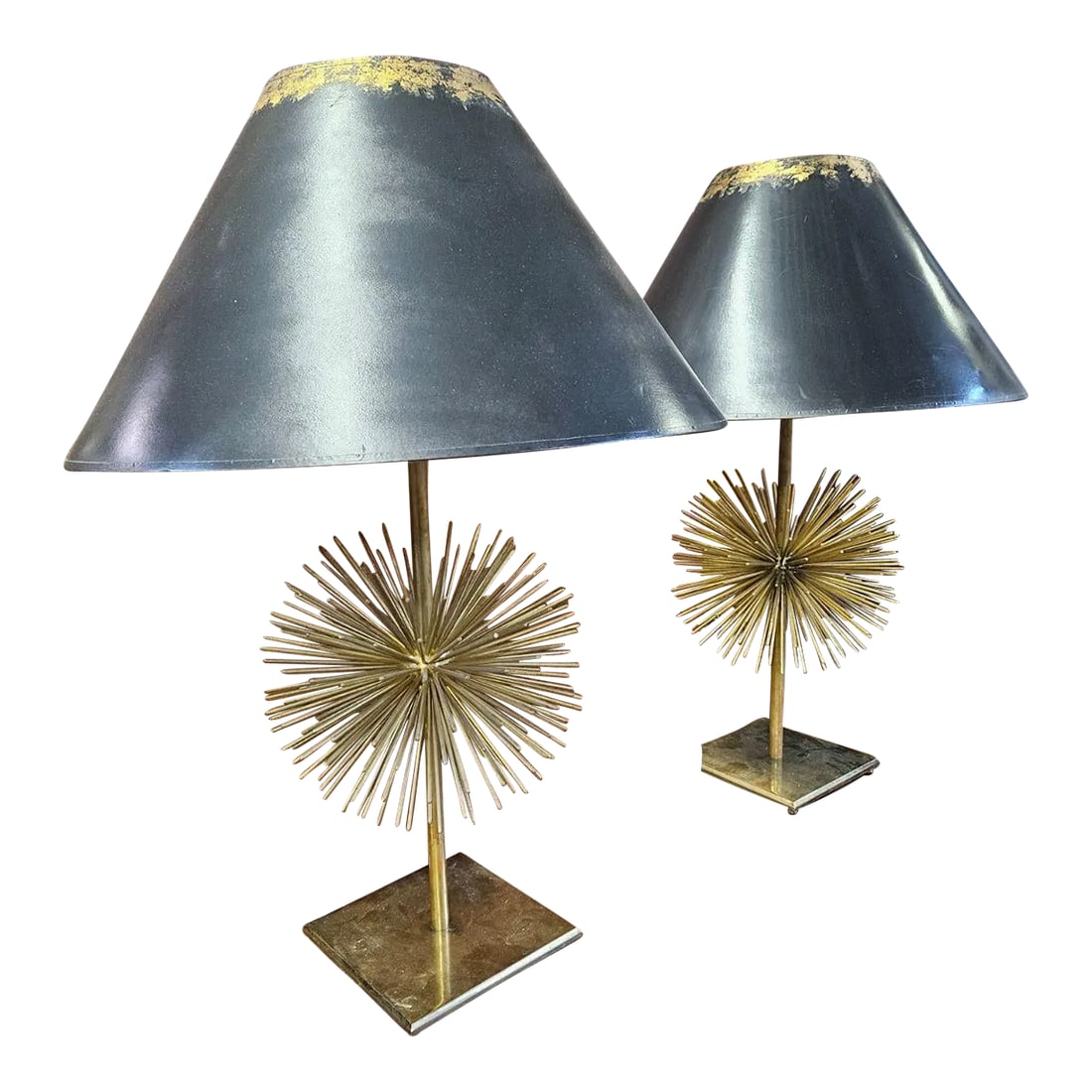 Pair of 1960s Italian Sputnik Lamps: A stunning pair of Italian Sputnik lamps with individual engineered spokes that thread into a brass sphere make these Palacial sized lamps a must for any home. Condition: Alterations: Original