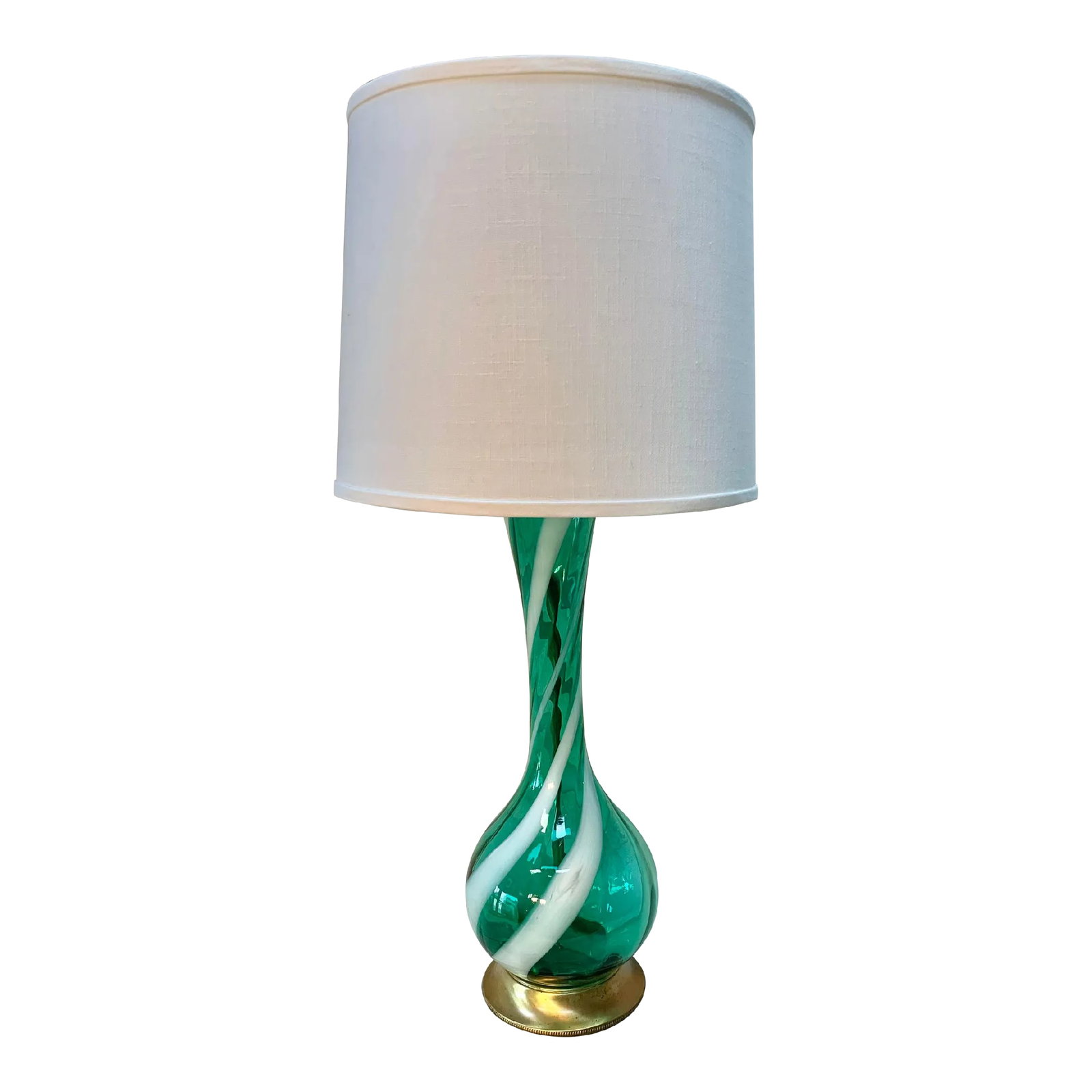 Mid 20th Century Murano Swirl Glass Table Lamp: Amazing vintage 1960s Murano glass table lamp. The lamp features green and white swirl color glass with the original brass base. This lamp has been professionally rewired to USA standards with the add