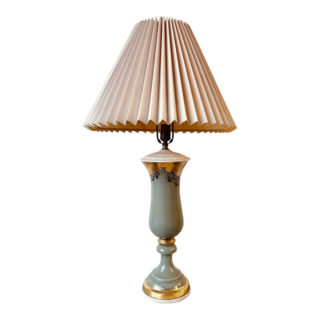 Antique Fornasetti Style Reverse Paint Lamp: Vintage Fornasetti style painted reverse glass table lamp with accordion shade. Condition: Alterations: Original Condition Unaltered Imperfections: Some Imperfections Condition Notes: Good Vintage